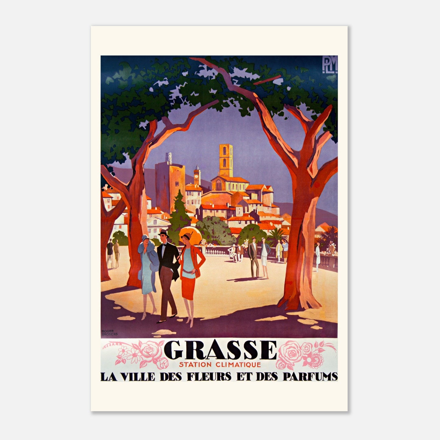 Affiche Grasse Ville des Fleurs — Roger Broders, PLM 1927 (30x45 cm). Affiche touristique ancienne pour Grasse, "la ville des fleurs et des parfums", représentant un paysage urbain avec des arbres, des bâtiments et des passants.