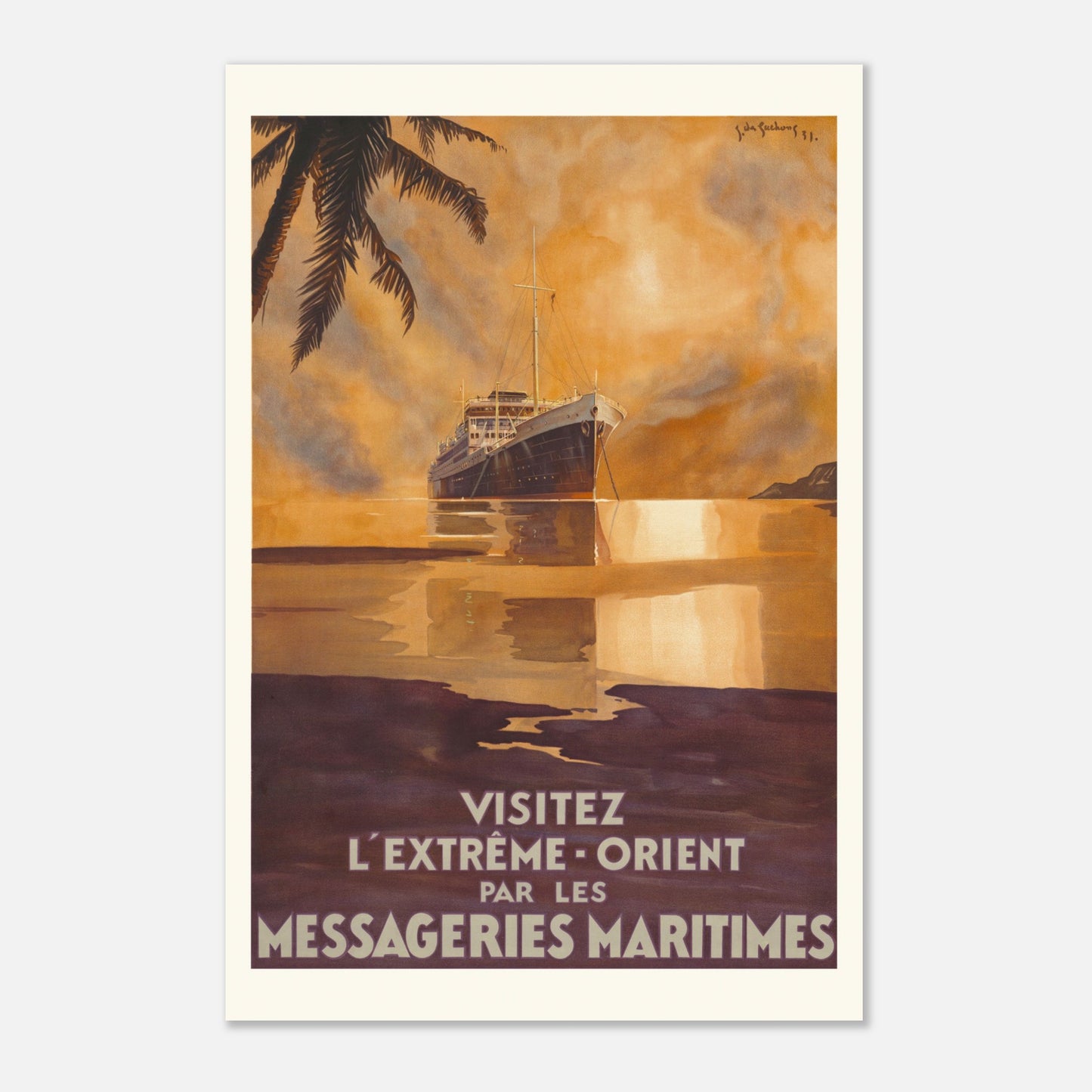 Affiche Messageries Maritimes : L’Extrême-Orient — Jacques des Gachons (40x60 cm). Affiche publicitaire vintage pour les Messageries Maritimes, représentant un paquebot sur une mer calme au coucher du soleil avec une palme.