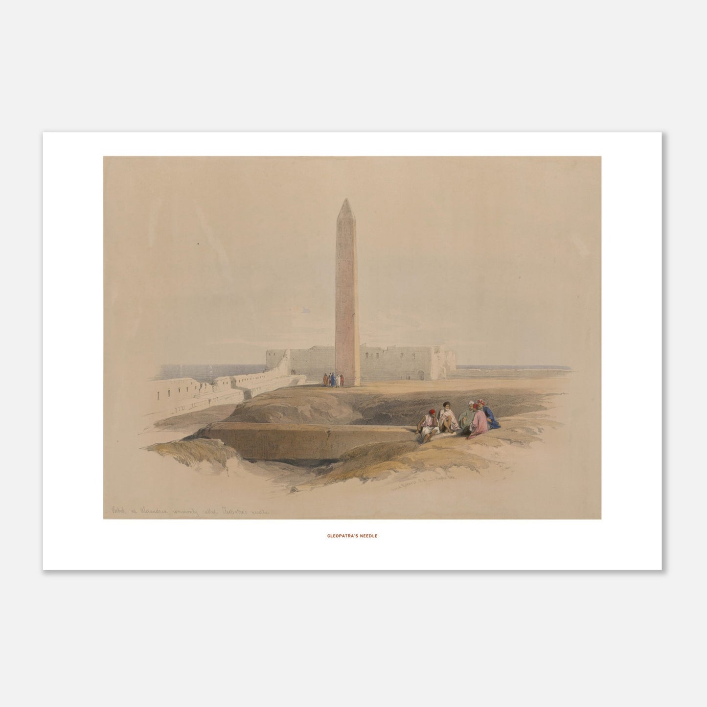 Illustration ancienne : L'Aiguille de Cléopâtre à Alexandrie, David Roberts (42x59,4 cm (A2)). Lithographie de David Roberts représentant l'aiguille de Cléopâtre à Alexandrie, avec des ruines antiques et des figures assises au premier plan.