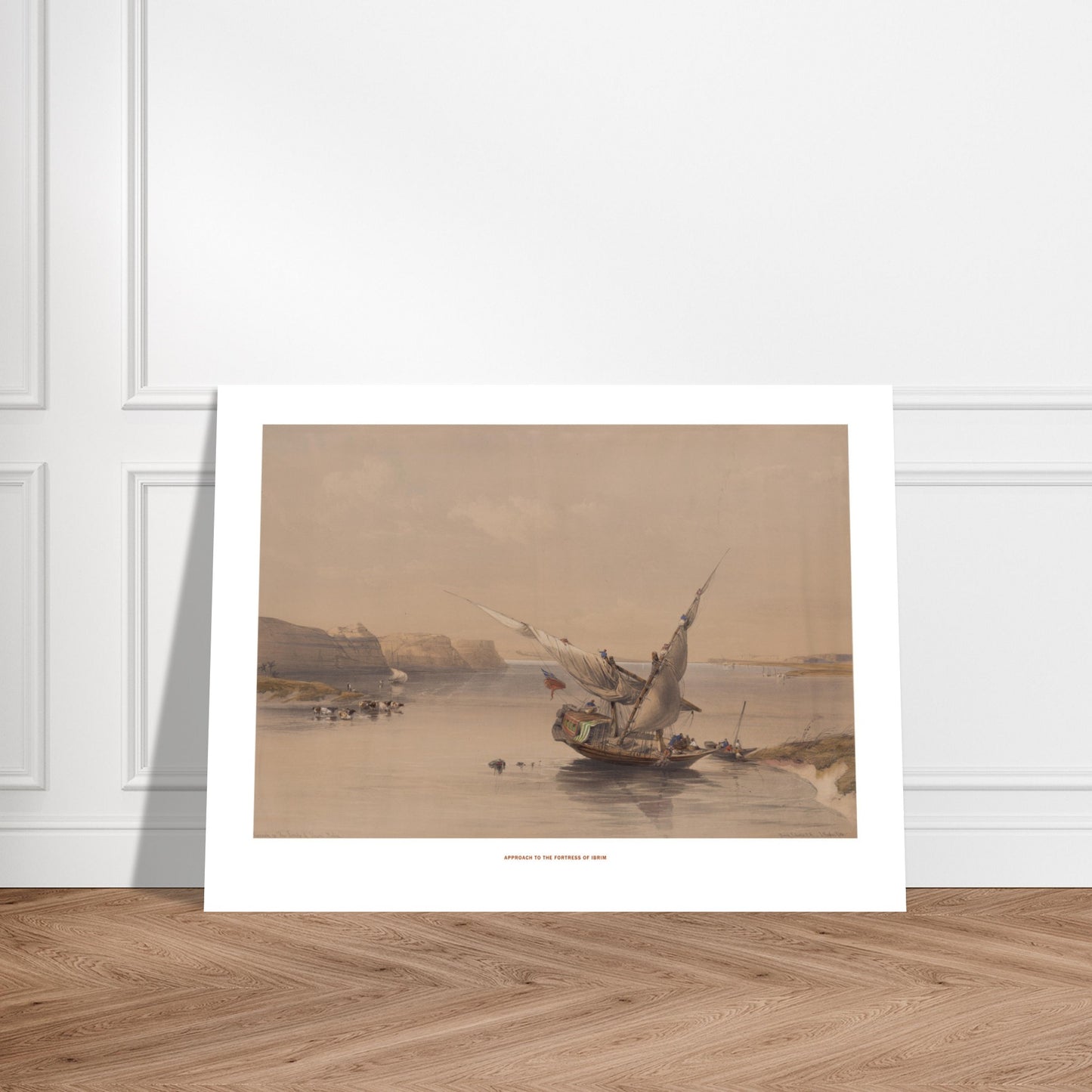 Approche de la forteresse d'Ibrim - David Roberts (Egypte et Nubie). Lithographie ancienne montrant l'approche de la forteresse d'Ibrim, avec une felouque chargée de passagers naviguant sur le Nil, entourée de falaises et de bétail. Image d'illustration 7