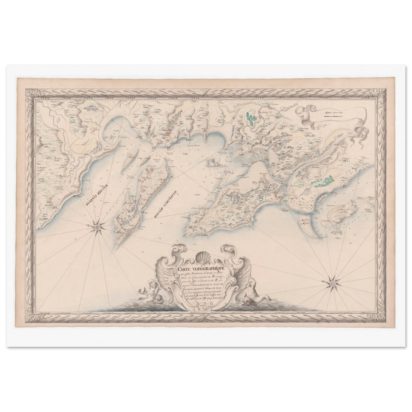Carte topographique des côtes maritimes d’Aunis et des pays voisins du Gouvernement de Brouage, avec les îles d’Oléron et de Ré, depuis l'embouchure de la rivière de la Garonne jusqu’à l’abbaye de Jar - image 51733856944461