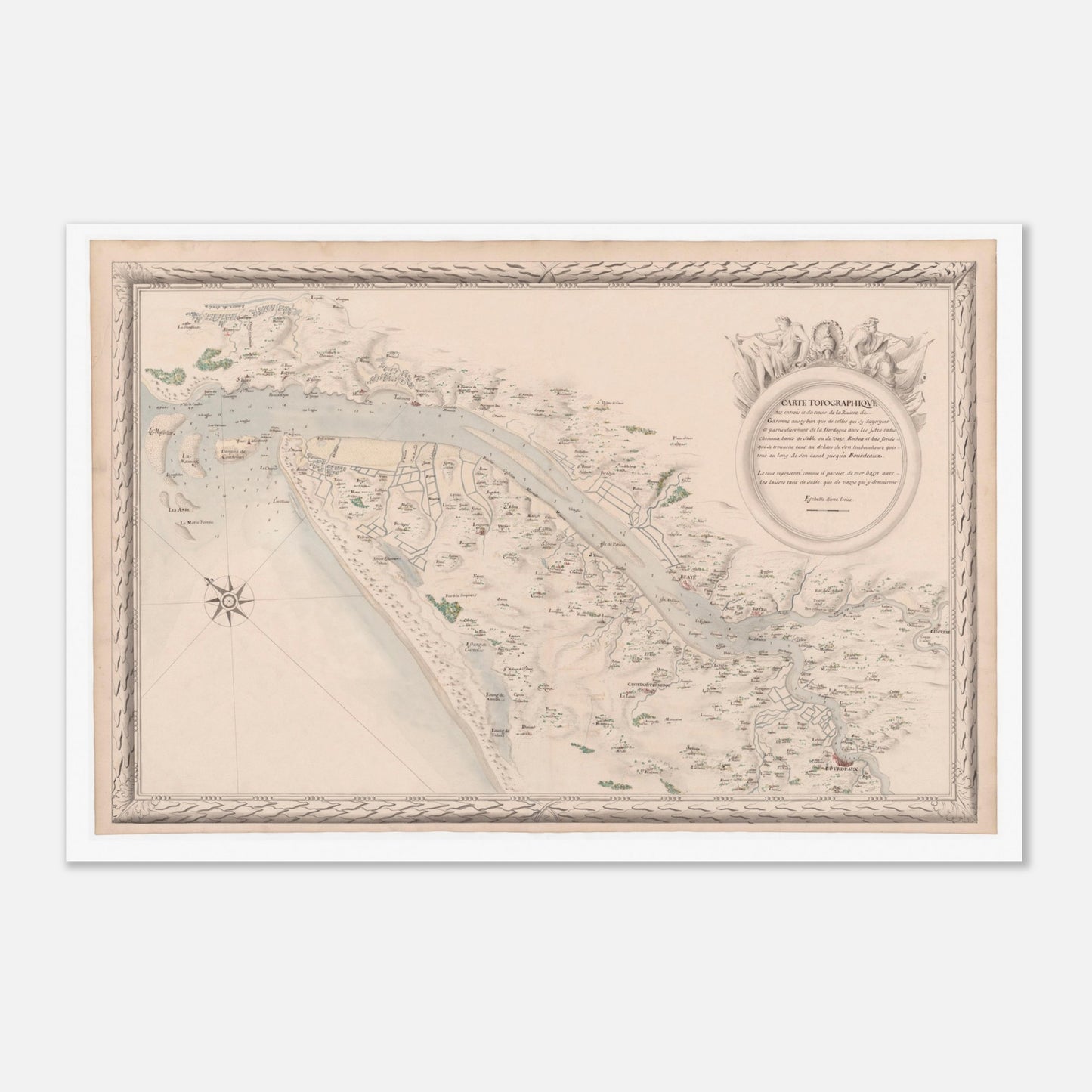 Carte topographique des entrées et du cours de la rivière de Garonne, ainsi que de ses affluents, en particulier de la Dordogne, tout au long de son parcours jusqu’à Bordeaux. - Taille 60x90 cm