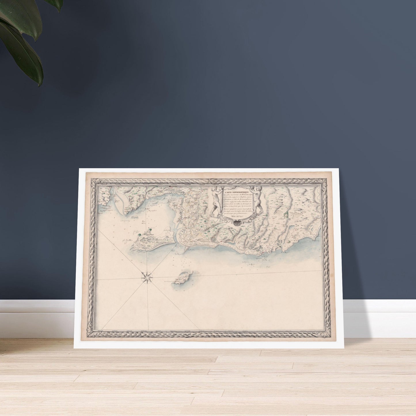 Planche ancienne : Carte des côtes du Poitou et de Noirmoutier. Carte topographique ancienne des côtes maritimes de Poitou, de La Tranche-sur-Mer à Saint Sébastien, incluant l'île d'Yeu et Noirmoutier, avec des ornements et une rose des vents. Image d'illustration 6