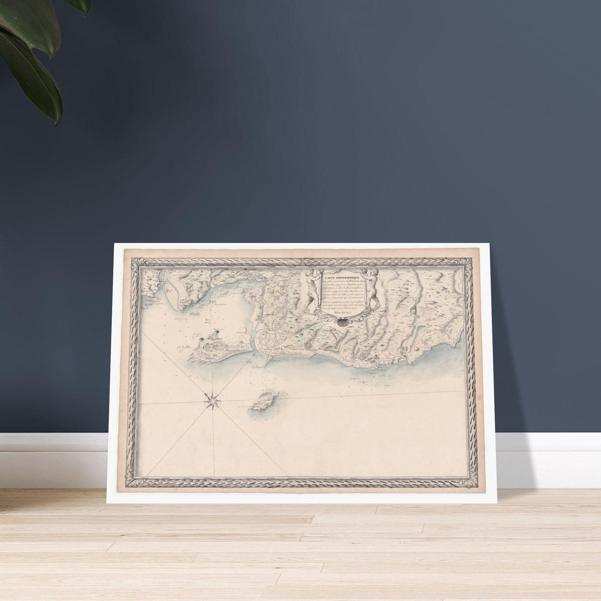 Planche ancienne : Carte des côtes du Poitou et de Noirmoutier. Carte topographique ancienne des côtes maritimes de Poitou, de La Tranche-sur-Mer à Saint Sébastien, incluant l'île d'Yeu et Noirmoutier, avec des ornements et une rose des vents.