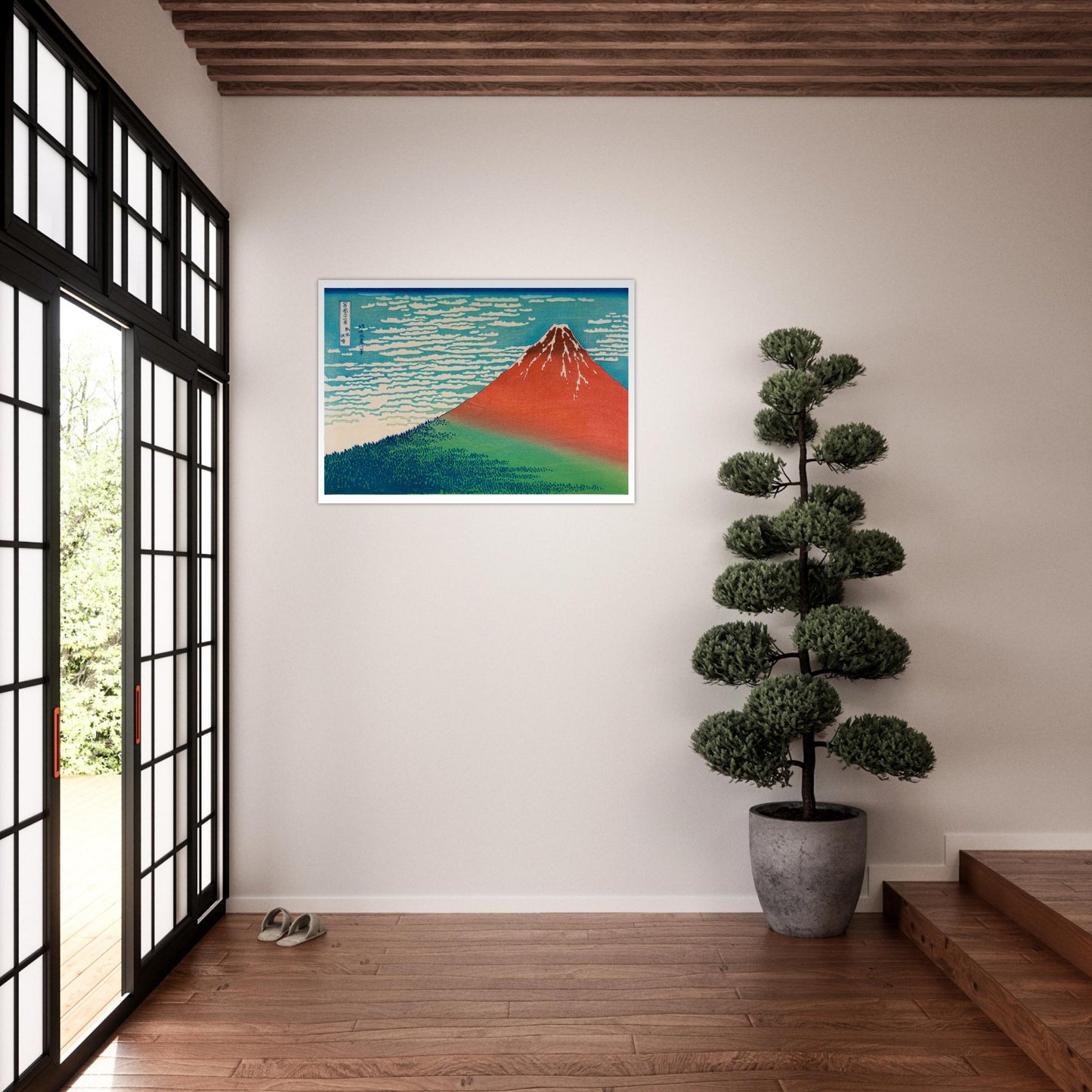 Estampe Le Fuji par temps clair (Fuji rouge) - Katsushika Hokusai. Estampe ukiyo-e représentant le Mont Fuji par temps clair, avec des nuages stylisés traversant un ciel bleu vif et une forêt dense au premier plan. Image d'illustration 8