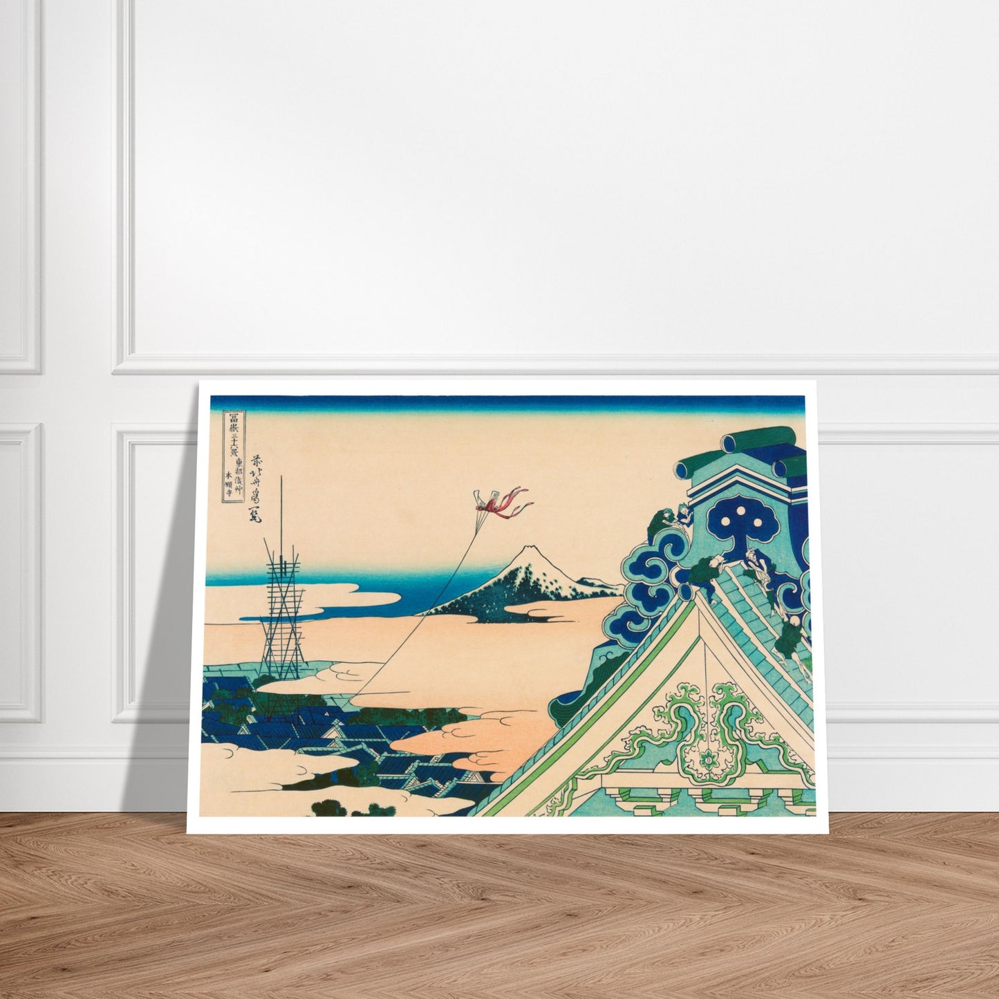 Estampe Le temple d'Asakusa Honganji - Katsushika Hokusai. Estampe ukiyo-e montrant le temple Asakusa Honganji avec le Mont Fuji en arrière-plan, des personnes jouent avec des cerfs-volants sur les toits. Image d'illustration 8