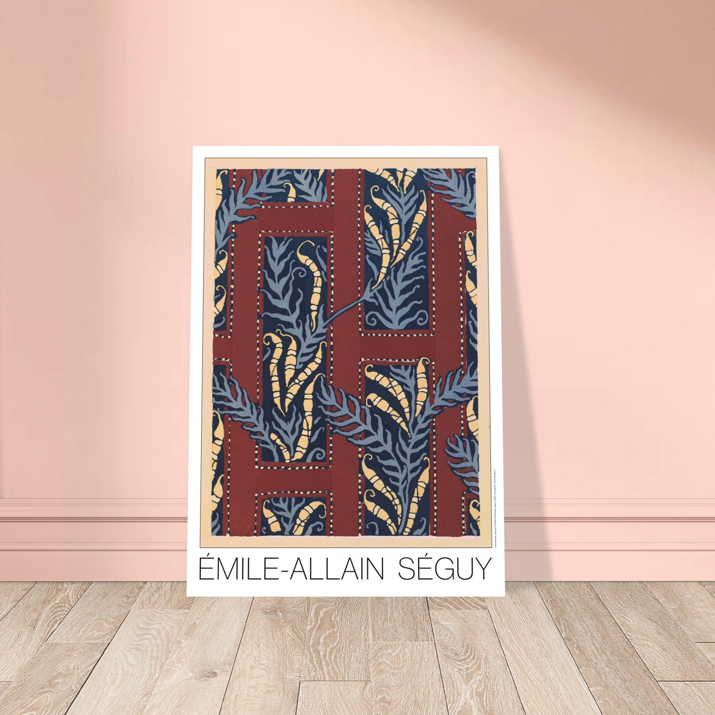 Planche de motifs Samarkande : feuilles bleues et bordeaux, Émile-Allain Séguy. Gravure Art déco de motifs végétaux abstraits, avec des formes de feuilles bleues et des éléments allongés jaunes, disposés dans des cadres bordeaux sur fond beige. Image d'illustration 8