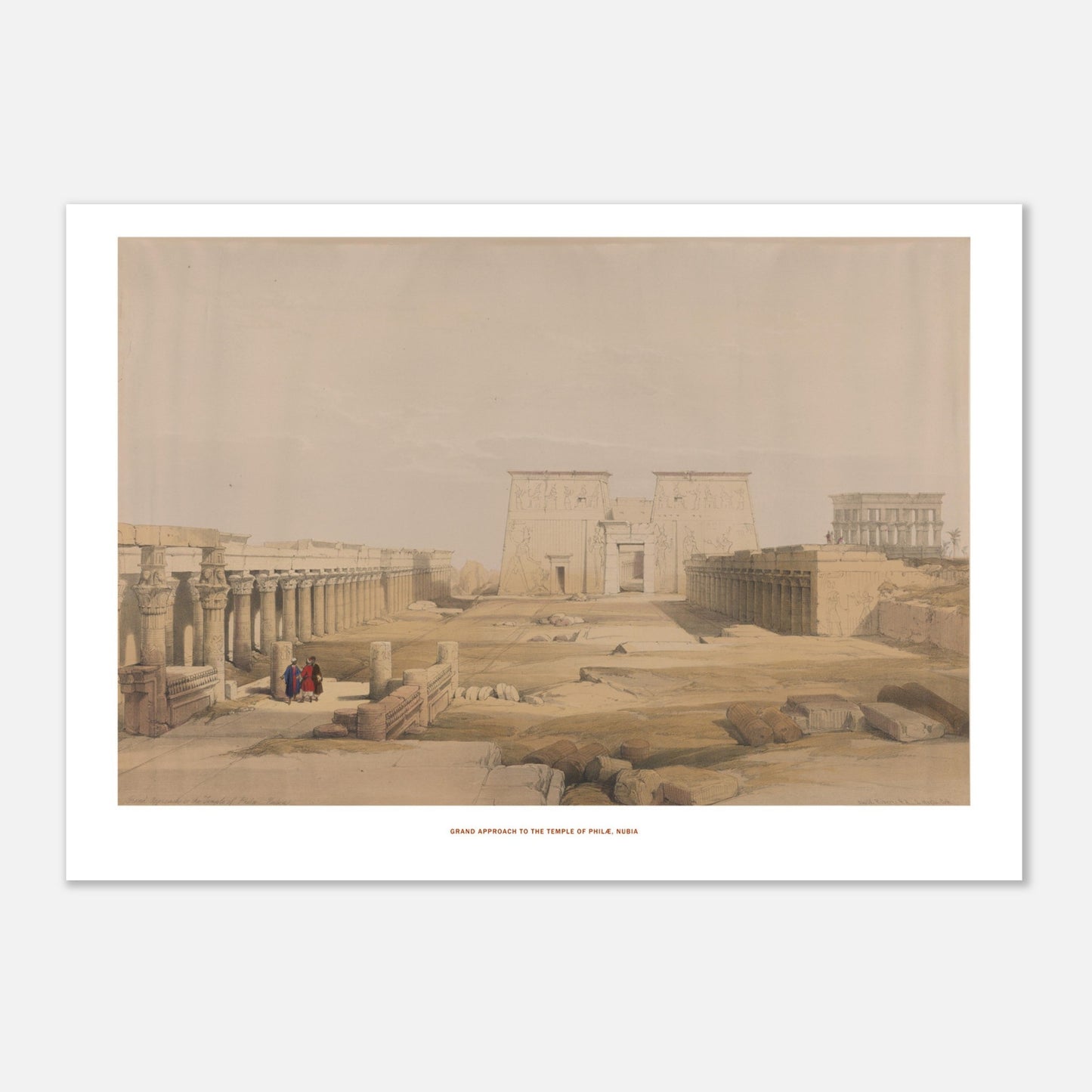 Grande approche du temple de Philæ, Nubie - lithographie de David Roberts (1838). - Taille 21x29,7 cm (A4)