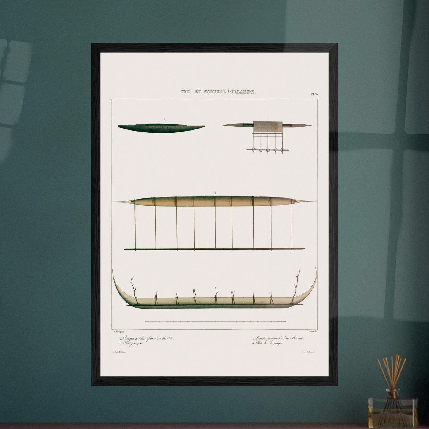 Gravure : Pirogues de Lakéba et du Hâvre Carteret (Astrolabe). Gravure ancienne de pirogues des îles Viti et du Hâvre Carteret, montrant diverses embarcations traditionnelles, dont une pirogue à balancier. Image d'illustration 5