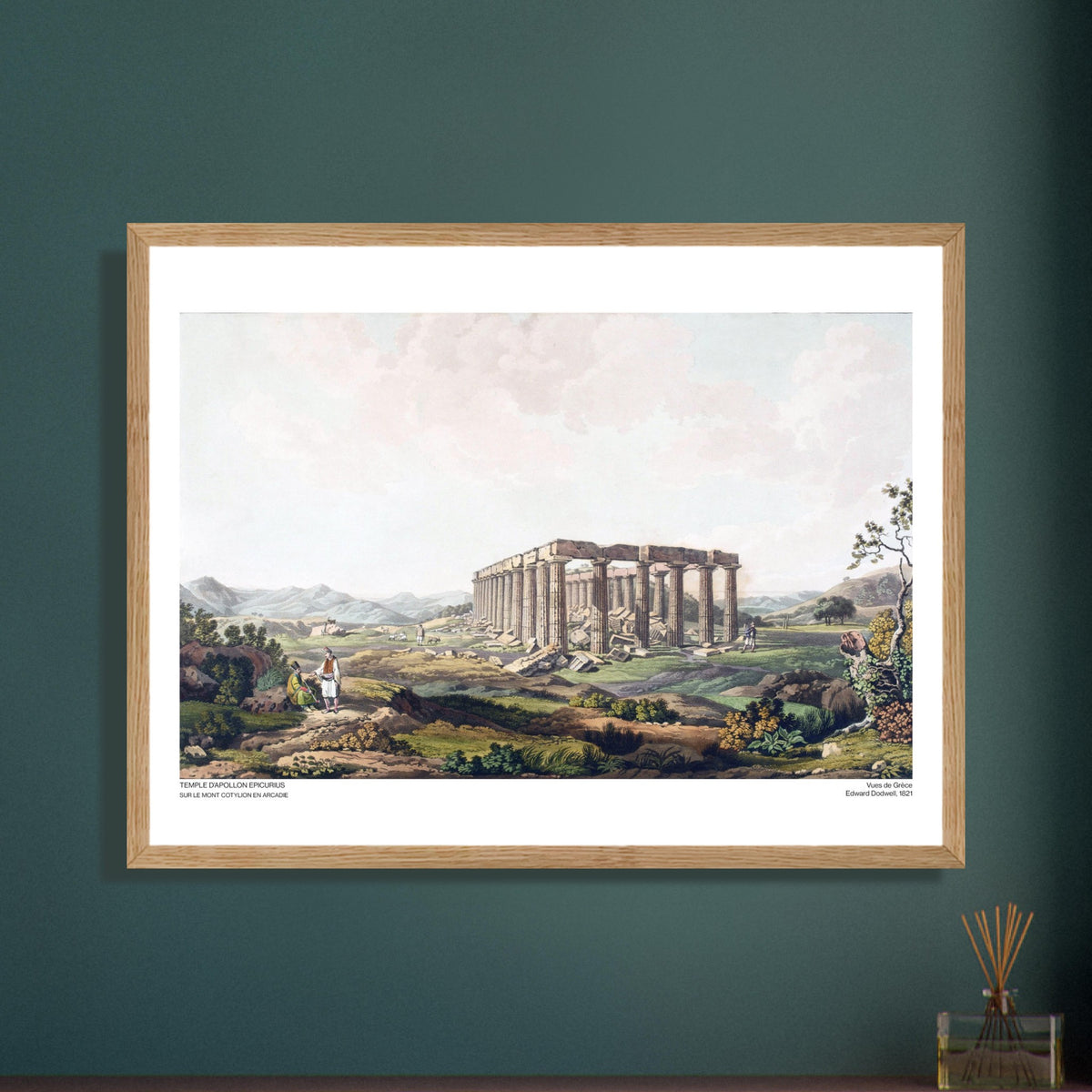 Incisione del Tempio di Apollo Epicurio in Arcadia di Edward Dodwell. Le rovine del tempio di Apollo Epicurio, con le colonne ancora in piedi e detriti sparsi su un terreno collinare.