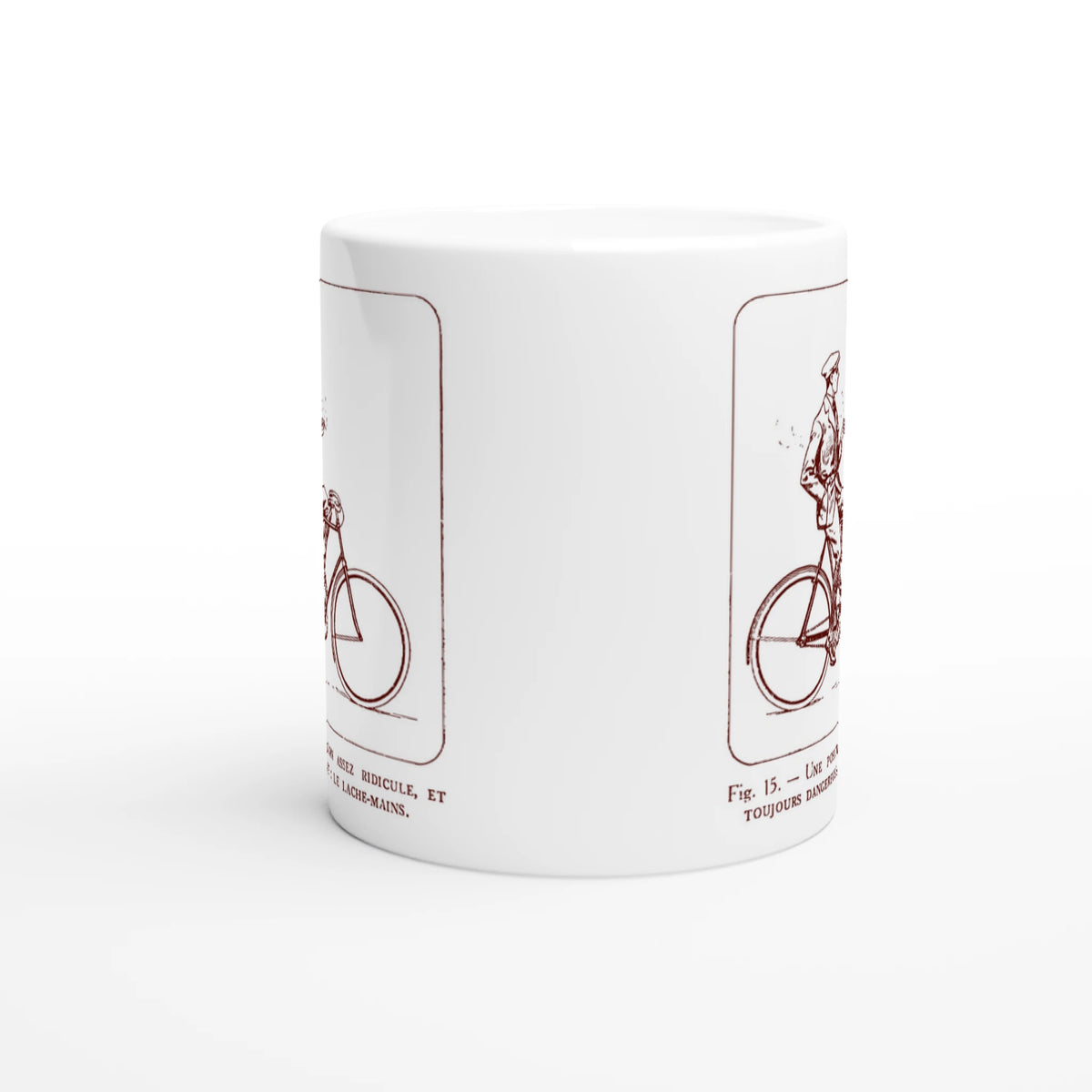 Antique Cyclist Illustration: Hands-Free Riding. White mug decorated with a monochrome red retro illustration representing a cyclist in a suit letting go of the handlebars, accompanied by the explanatory caption 'Une position assez ridicule et toujours dangereuse : le lâche-mains'.