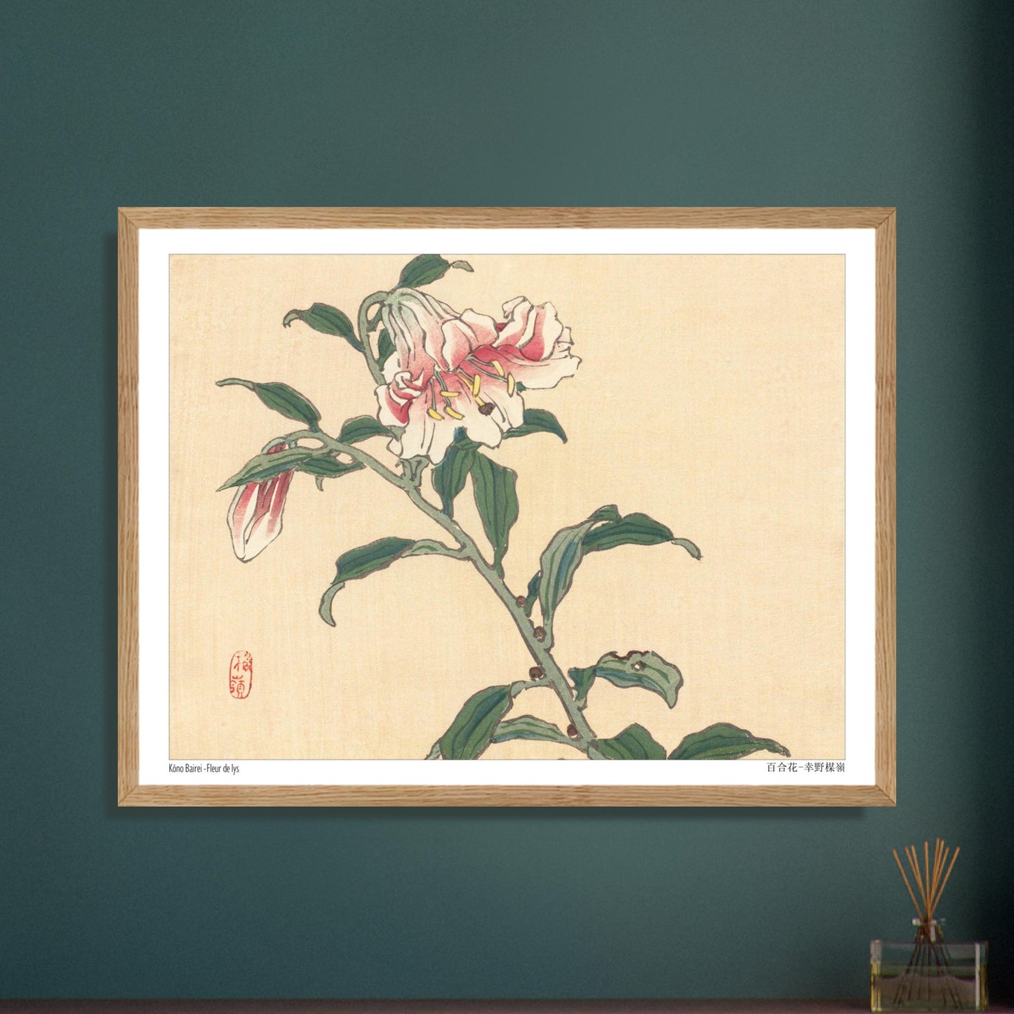 Illustration botanique d'une Fleur de Lys par Kōno Bairei. Illustration botanique d'une fleur de lys rose et blanche, dessinée par Kōno Bairei sur fond beige, avec des feuilles vertes et une tige. Image d'illustration 6