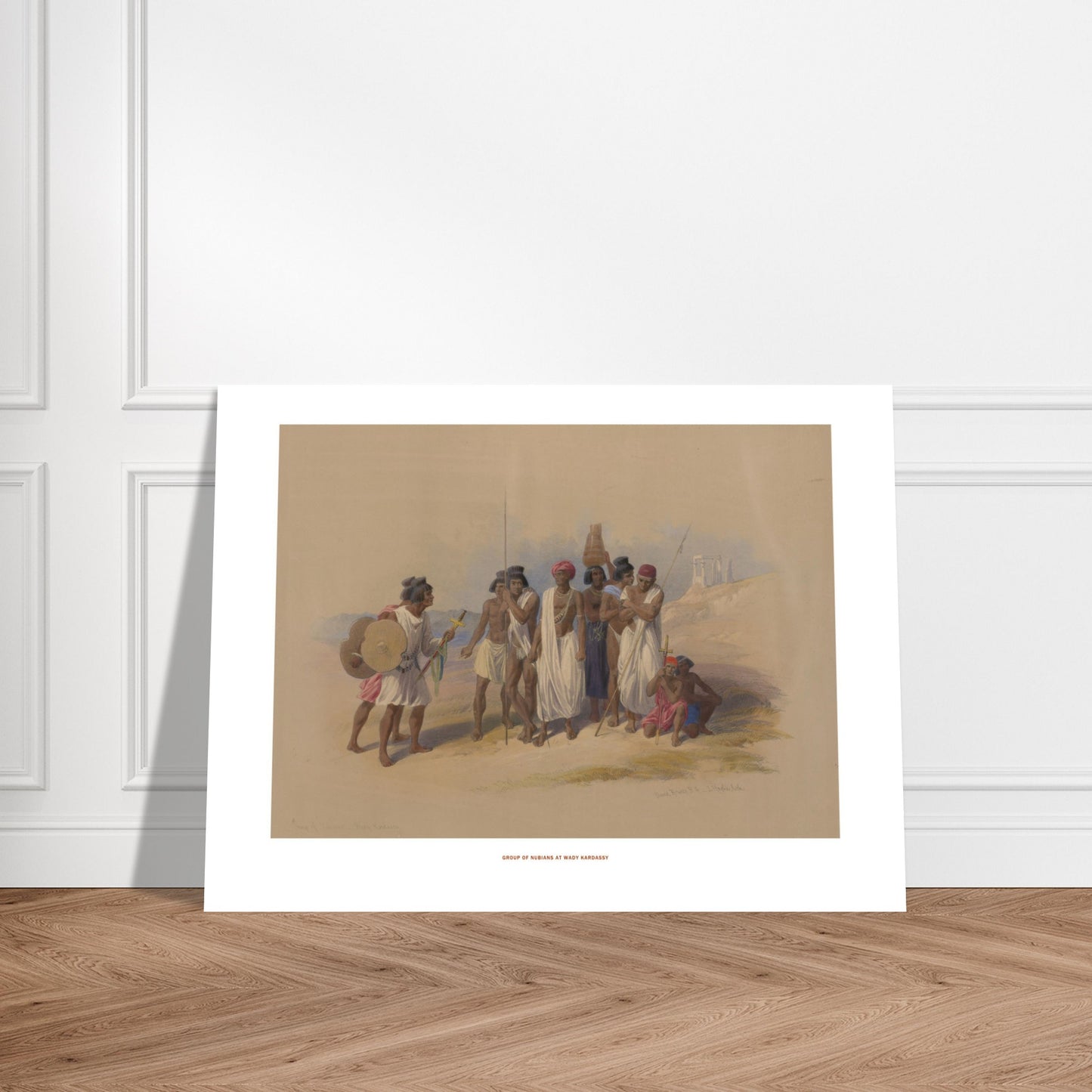 Groupe de Nubiens à Wadi Kardassy — Illustration de David Roberts. Lithographie ancienne montrant un groupe de Nubiens à Wadi Kardassy, certains portant des lances et un bouclier, dans un paysage désertique. Image d'illustration 7