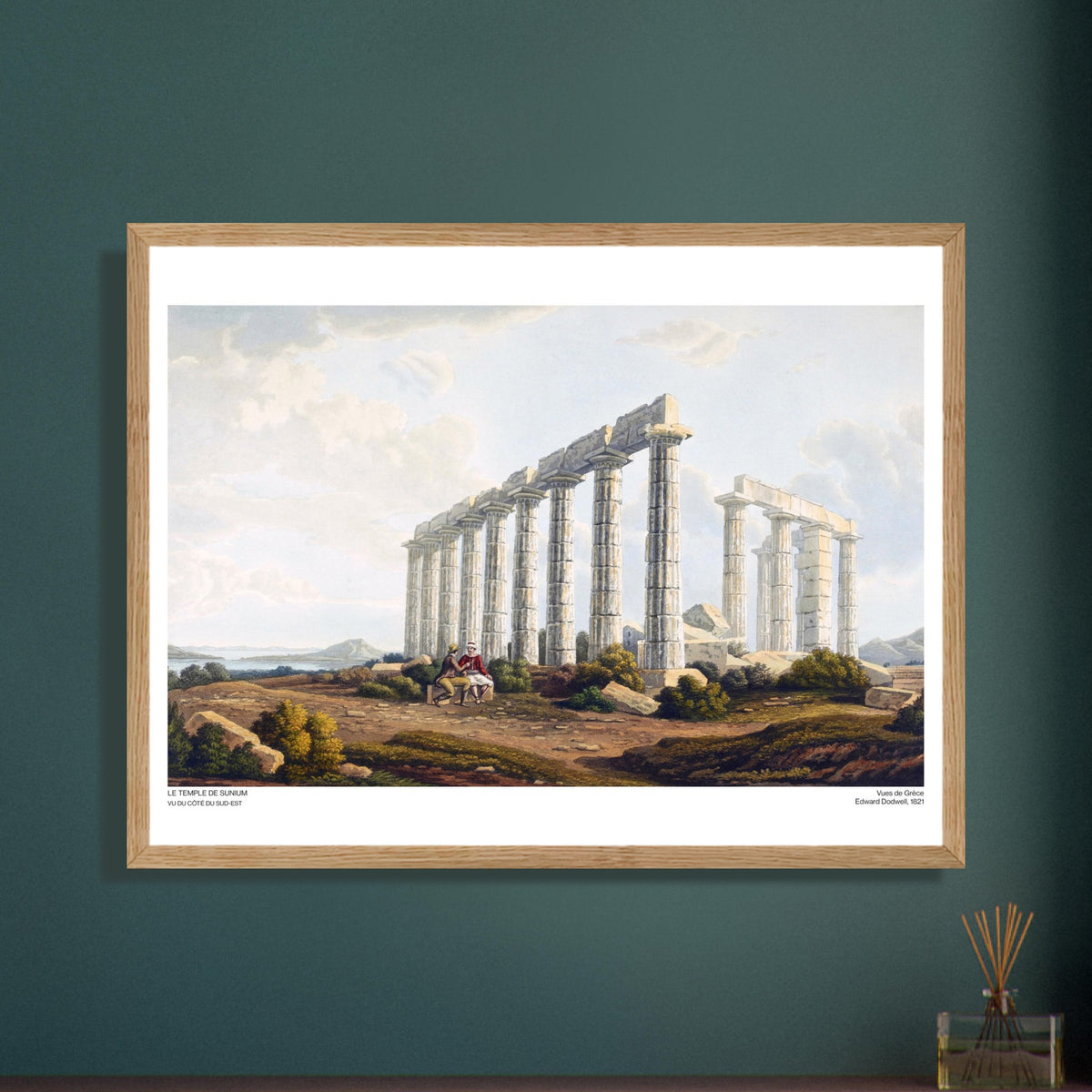 Antica illustrazione del Tempio di Sunio in Grecia di Edward Dodwell. Antica incisione intitolata "Il tempio di Sunio, visto dal lato sud-orientale", raffigurante un antico tempio greco in rovina con alte colonne in riva al mare.