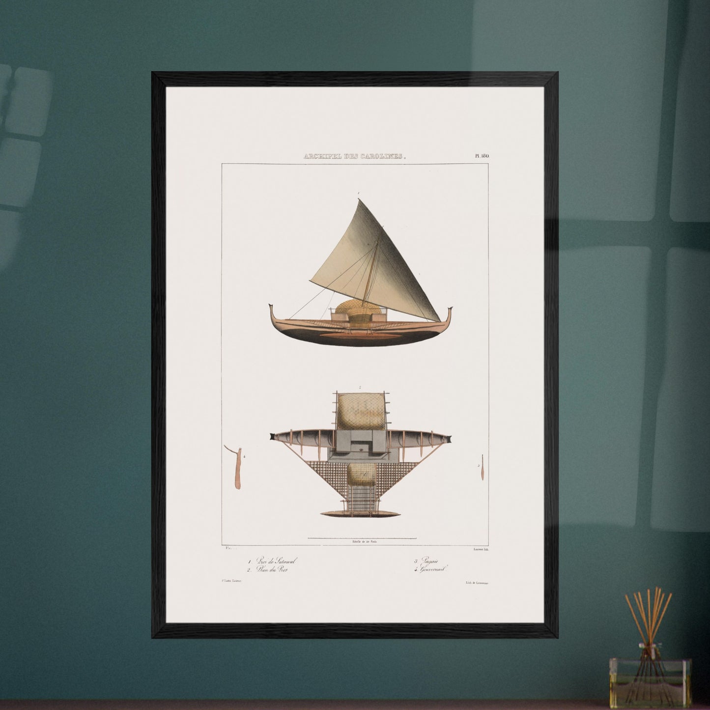 Praos Traditionnels de Satahoual aux Îles Carolines - Reproduction de Dessins du Voyage de l'Astrolabe. Reproduction d'une gravure ancienne montrant un grand voilier indigène des Îles Carolines, avec une vue en plan de sa structure, des numéros et des légendes en français. Le titre "ARCHIPEL DES CAROLINES." est affiché en haut. Image d'illustration 5