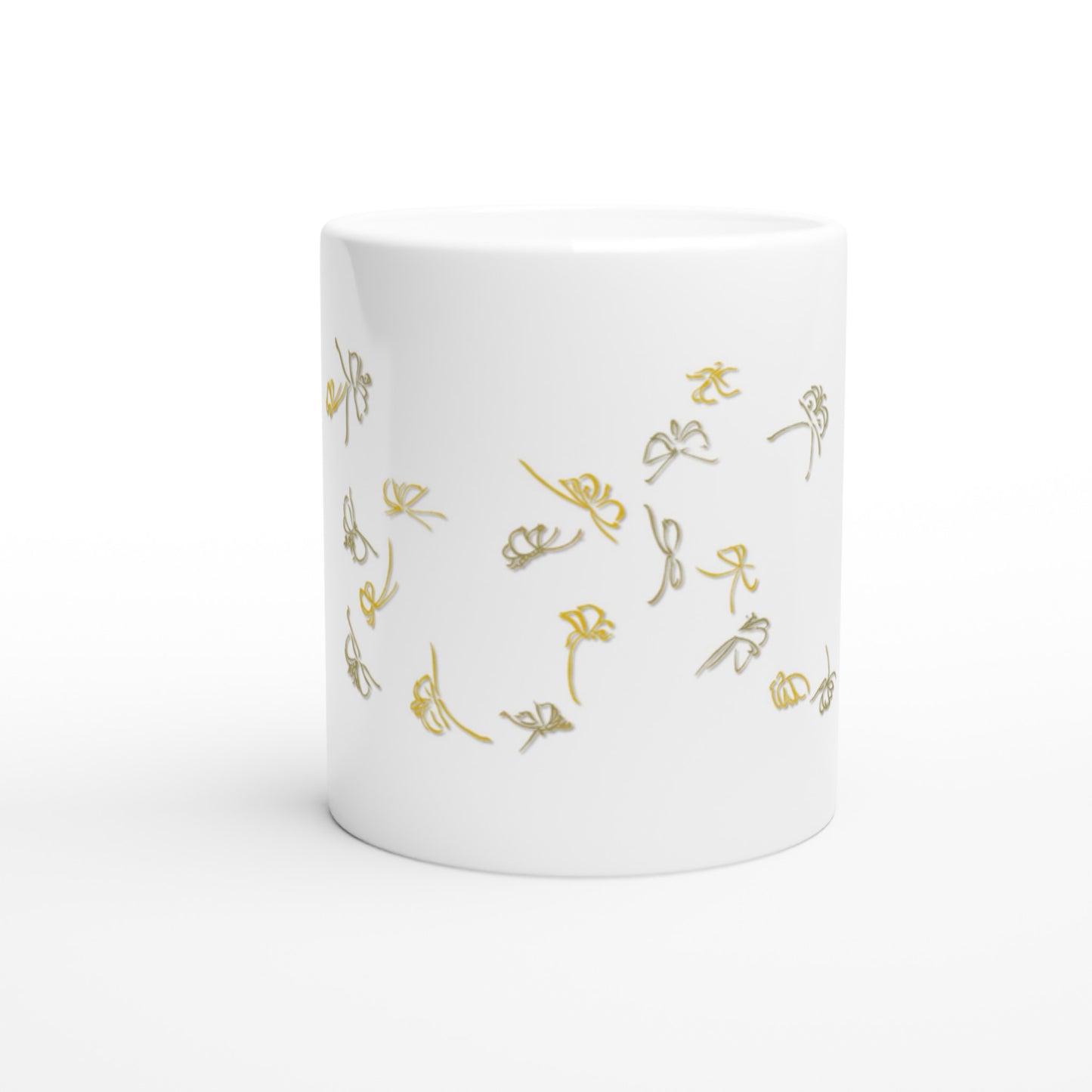 Mug illustré de papillons gris et jaunes par Kamisaka Sekka (1903). Mug blanc décoré d'un essaim de papillons stylisés dans des tons gris et jaune, en mouvement léger. Image d'illustration 2