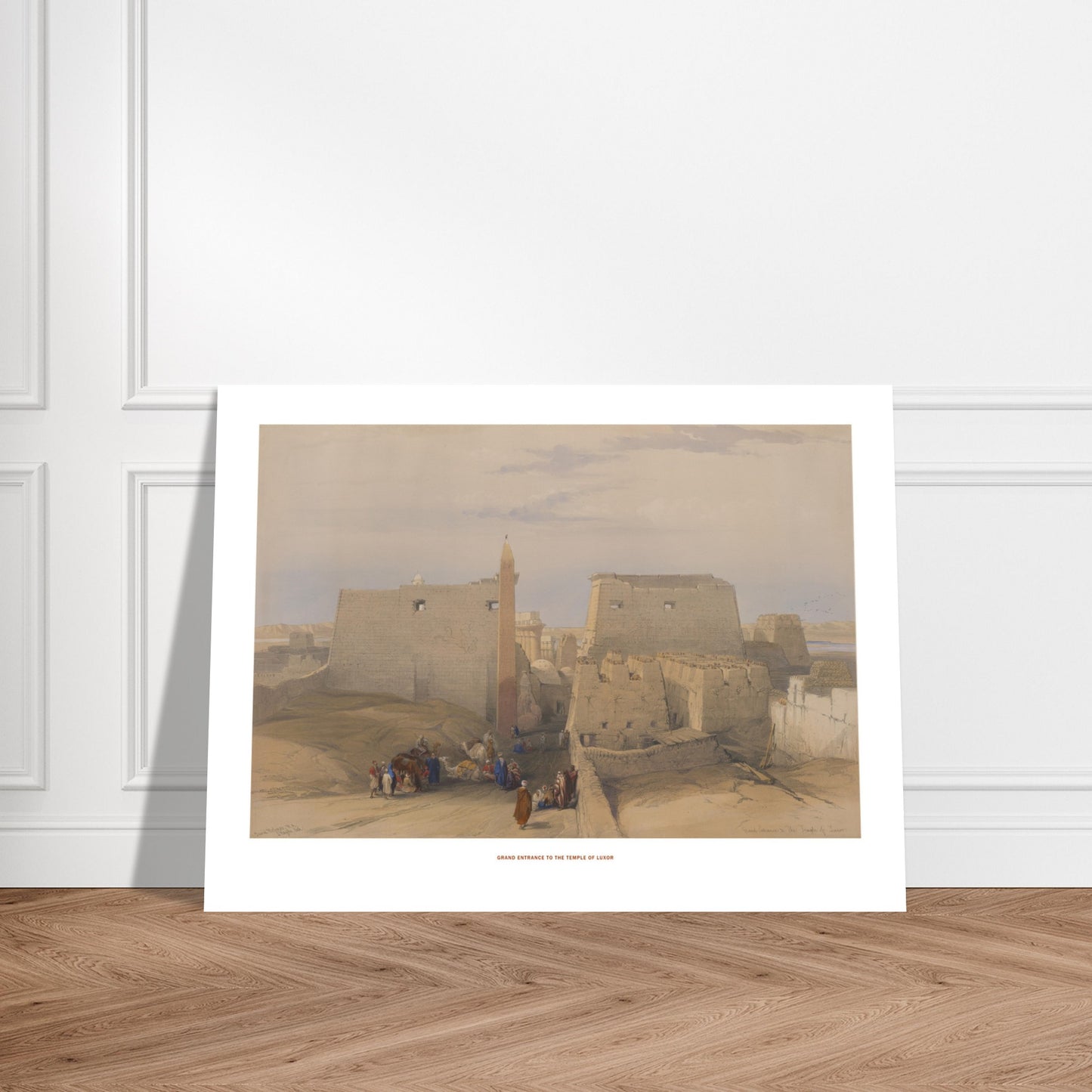 Planche ancienne : Grande entrée du temple de Louxor - David Roberts. Lithographie ancienne montrant la grande entrée du temple de Louxor, avec des personnages et des chameaux. Image d'illustration 7