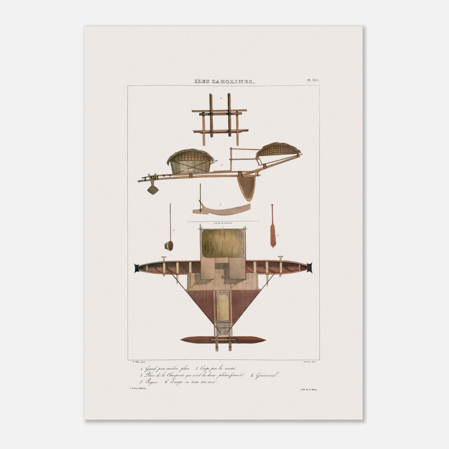 Reproduction d'un dessin de Grand prao (bateau) de Satahoual du gouvernement Espagnol lors du voyage de l'Astrolabe (Carolines) - Taille 29,7x42 cm (A3)