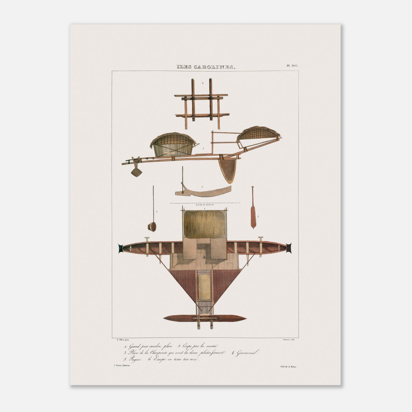 Reproduction d'un dessin de Grand prao (bateau) de Satahoual du gouvernement Espagnol lors du voyage de l'Astrolabe (Carolines) - Taille 30x40 cm