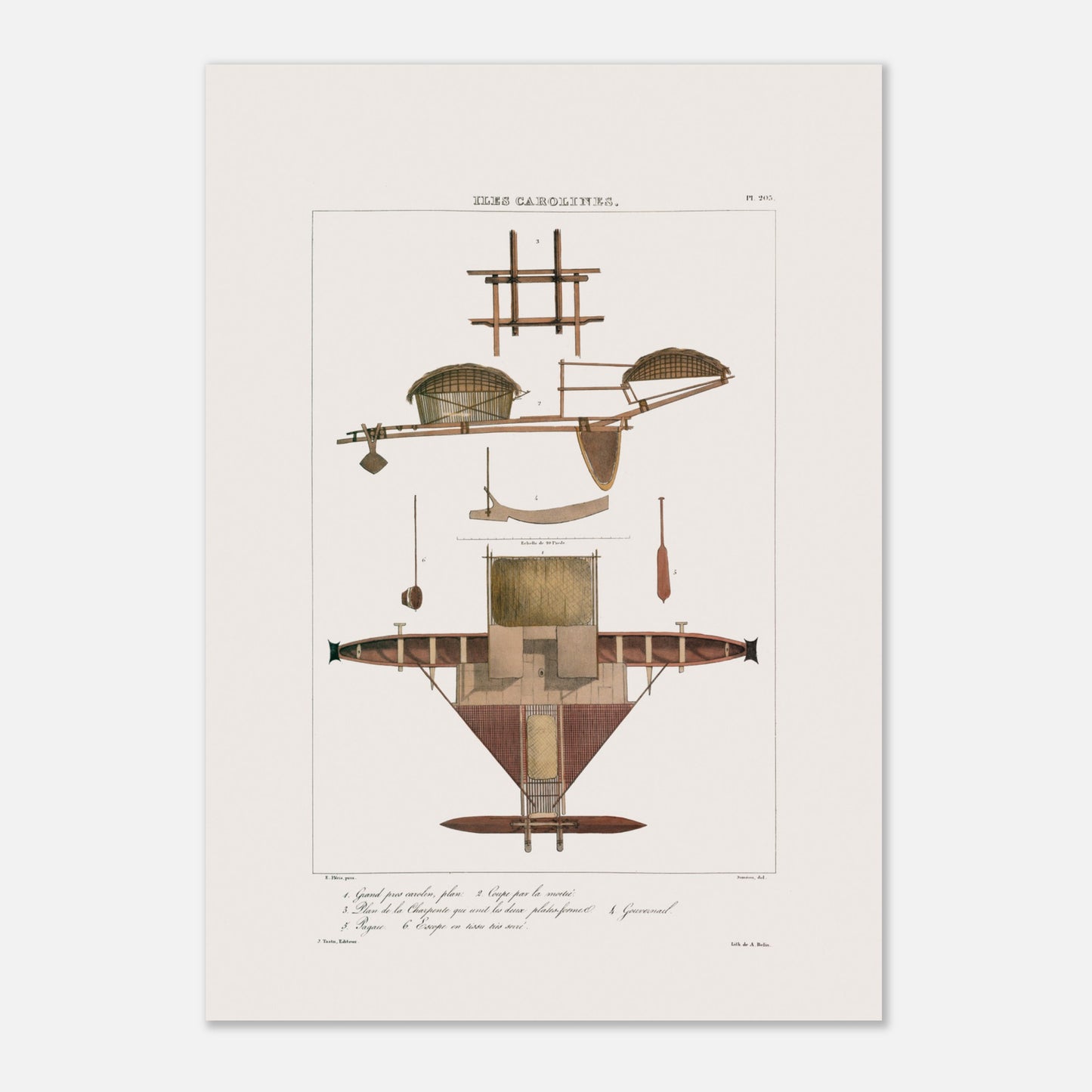Reproduction d'un dessin de Grand prao (bateau) de Satahoual du gouvernement Espagnol lors du voyage de l'Astrolabe (Carolines) - Taille 42x59,4 cm (A2)