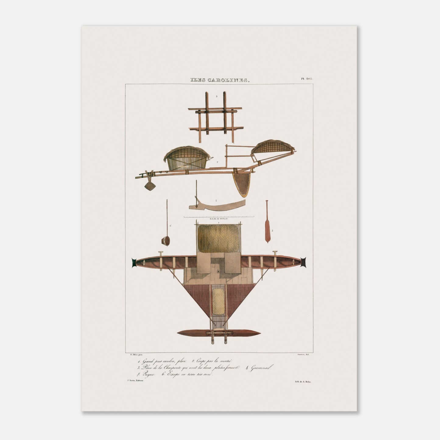 Reproduction d'un dessin de Grand prao (bateau) de Satahoual du gouvernement Espagnol lors du voyage de l'Astrolabe (Carolines) - Taille 50x70 cm