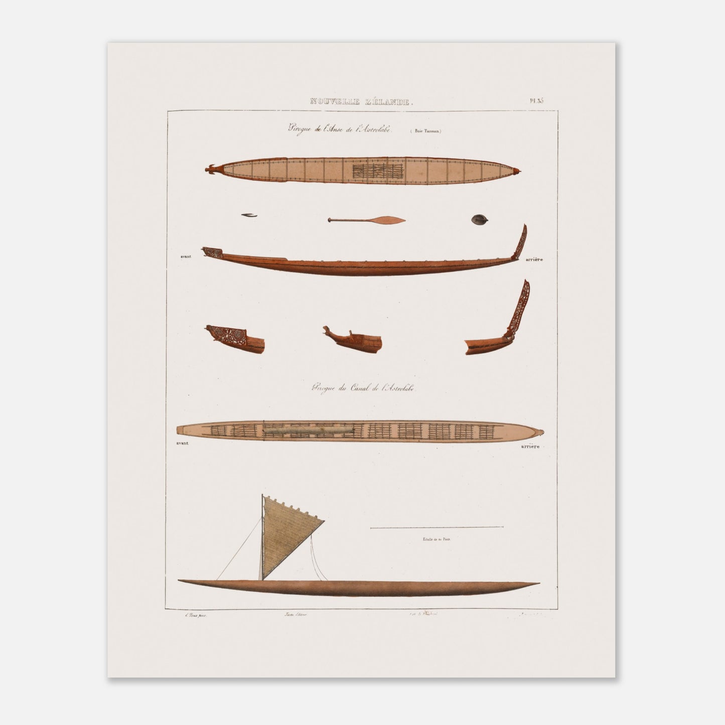 Reproduction d'un dessin de Pirogues de l'Anse et du Canal de l'Astrolabe lors du voyage de l'Astrolabe (Nouvelle Zélande) - Taille 40x50 cm