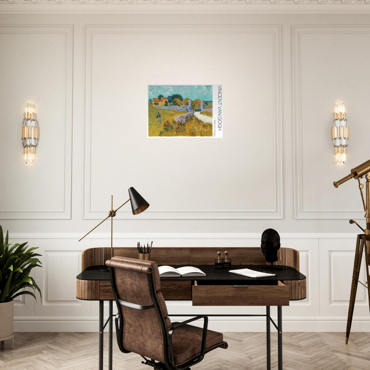 Bauernhof in der Provence, Illustration nach Vincent van Gogh. Gemälde von Vincent van Gogh, das einen Bauernhof in der Provence mit einer Steinmauer und einem Mann, der durch ein Feld geht, darstellt.
