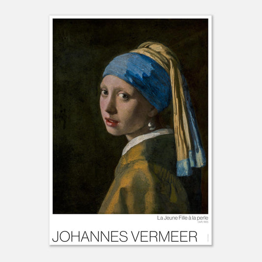 Illustrazione del ritratto La ragazza con l'orecchino di perladi Vermeer (29,7x42 cm (A3)). La ragazza con l'orecchino di perla di Johannes Vermeer, ritratto di una giovane donna che indossa un turbante blu e un grande orecchino di perla.