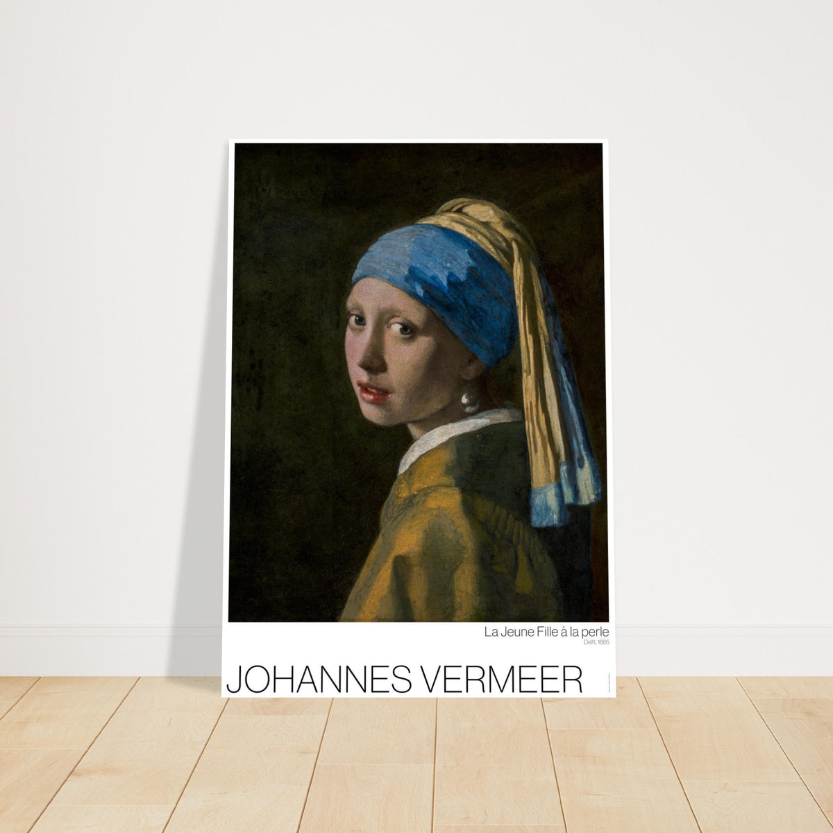 Illustrazione del ritratto La ragazza con l'orecchino di perladi Vermeer. La ragazza con l'orecchino di perla di Johannes Vermeer, ritratto di una giovane donna che indossa un turbante blu e un grande orecchino di perla.