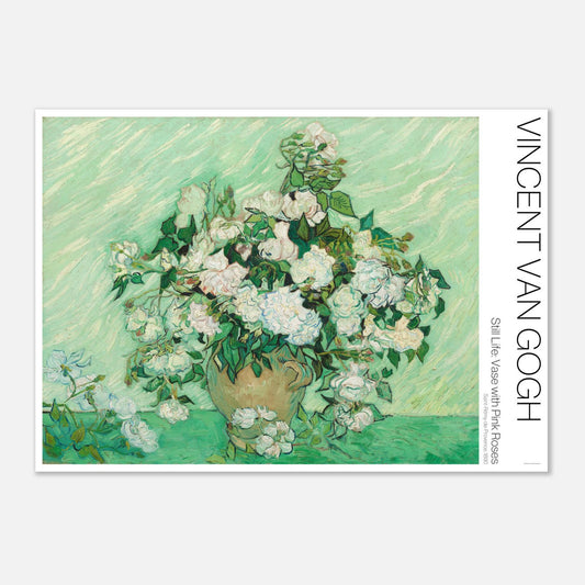 Rosen, Illustration des Stilllebens von Vincent van Gogh (29,7x42 cm (A3)). Stilleben von Vincent van Gogh, das eine Vase mit weißen Rosen vor einem strukturierten grünen Hintergrund zeigt.