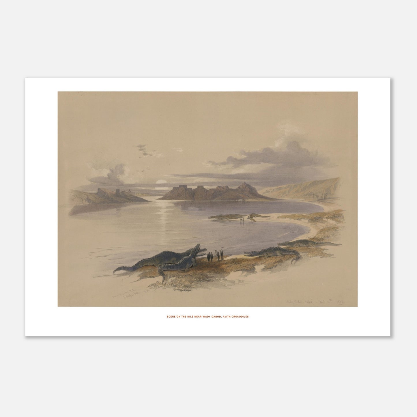 Scène sur le Nil près de Wadi Dabod, avec crocodiles - lithographie de David Roberts (1838). - Taille 29,7x42 cm (A3)