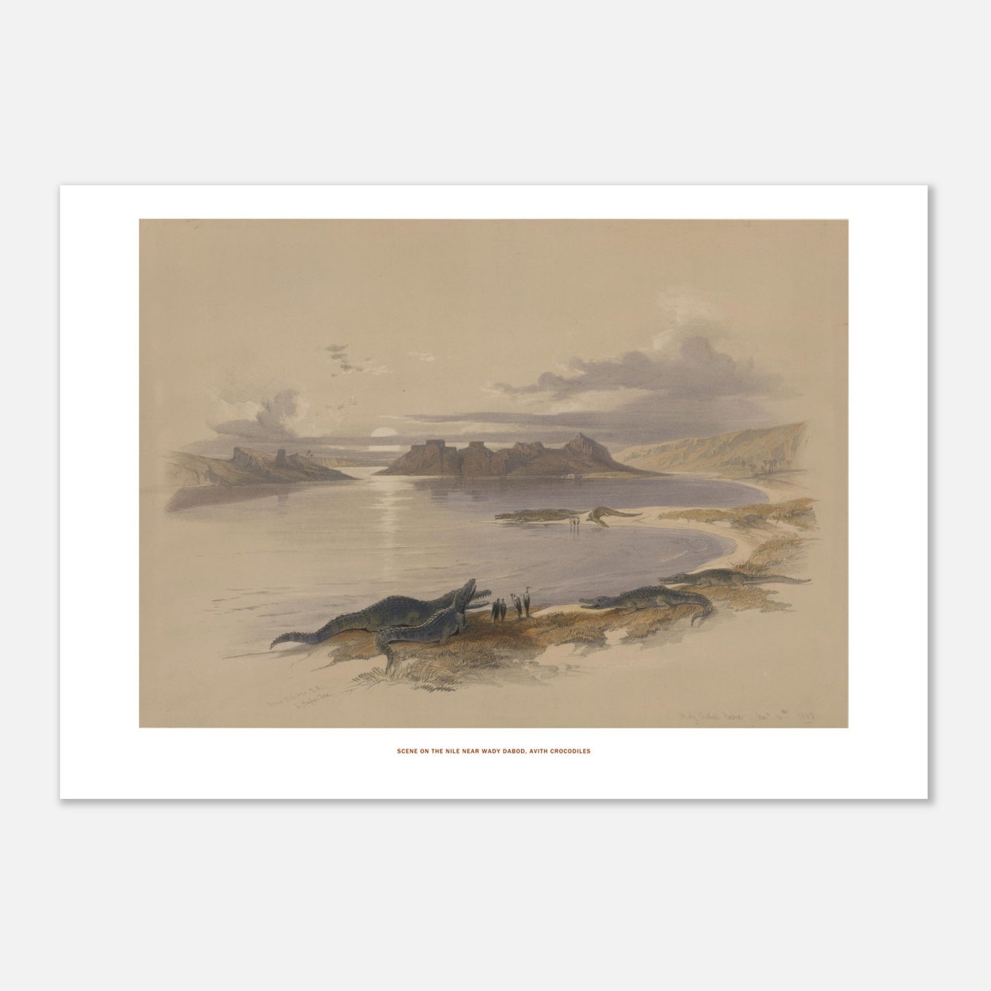 Scène sur le Nil près de Wadi Dabod, avec crocodiles - lithographie de David Roberts (1838). - Taille 42x59,4 cm (A2)