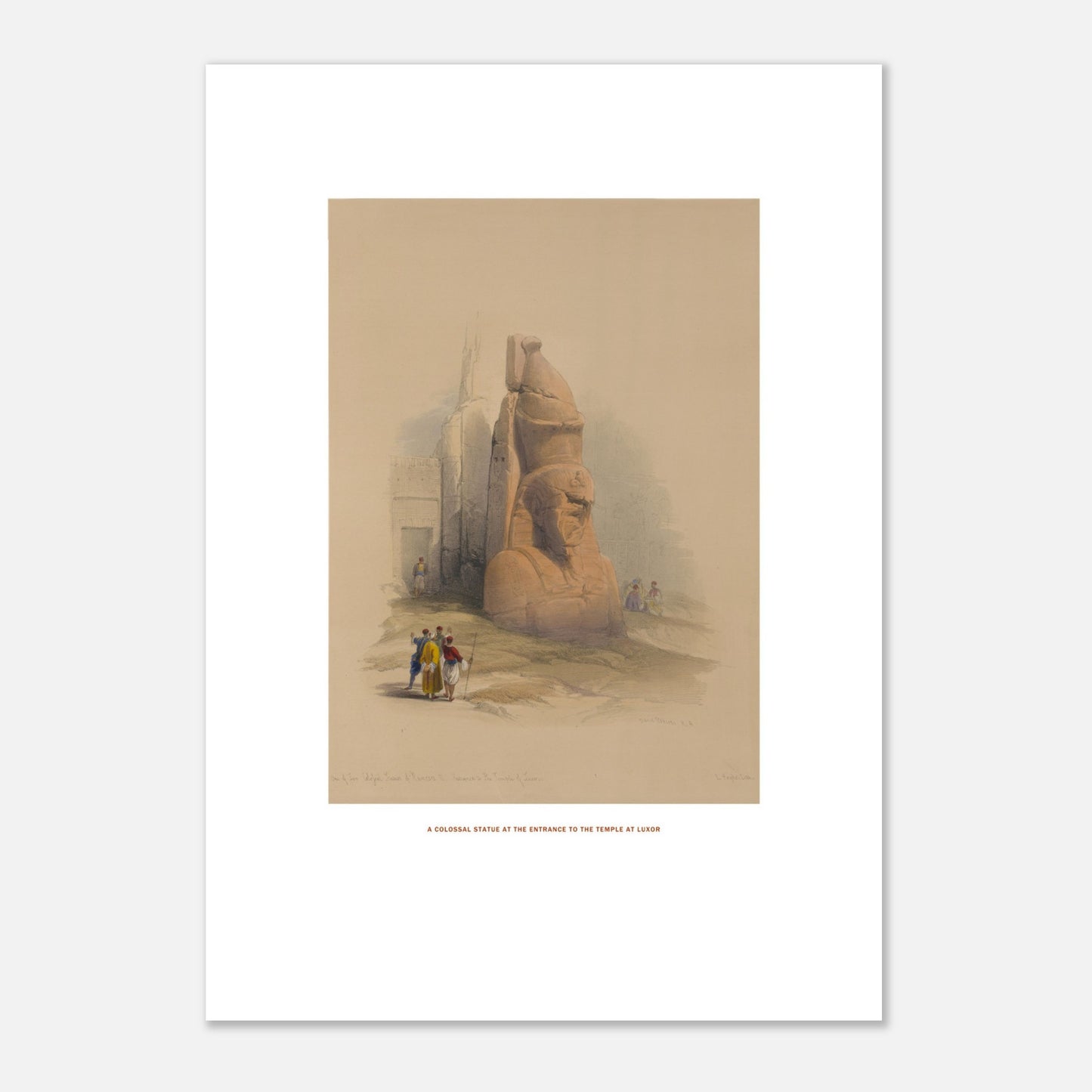 Statue colossale à l'entrée du temple de Louxor - lithographie de David Roberts (1838). - Taille 29,7x42 cm (A3)
