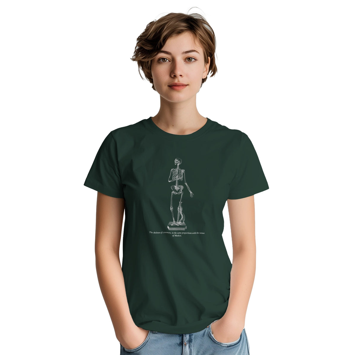 T-shirt anatomie squelette féminin - William Cheselden. T-shirt vert foncé avec un squelette de femme en pose suppliante, dessiné en blanc.