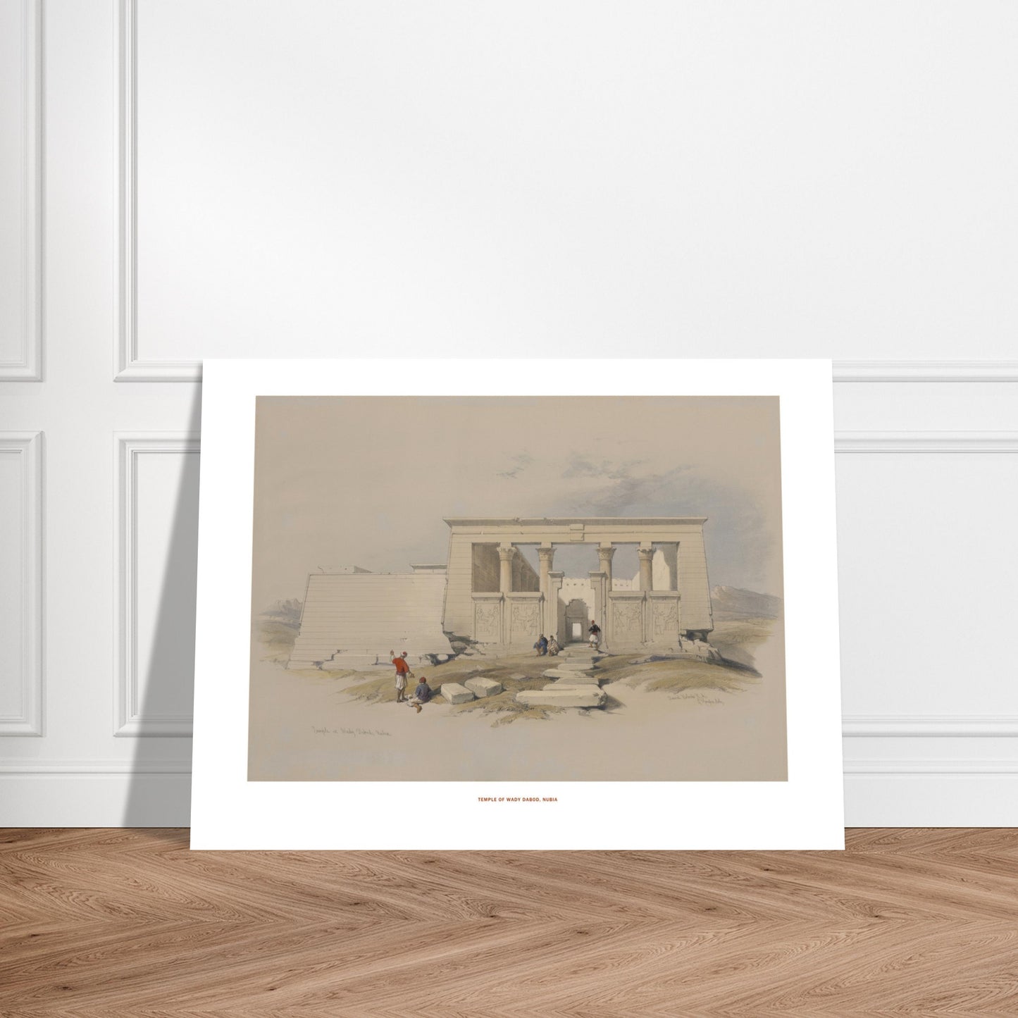 Reproduction de la lithographie du Temple de Wadi Dabod en Nubie - David Roberts. Lithographie ancienne montrant le temple de Wadi Dabod en Nubie, avec des colonnes, des sculptures et des personnages se tenant devant l'édifice. Image d'illustration 7