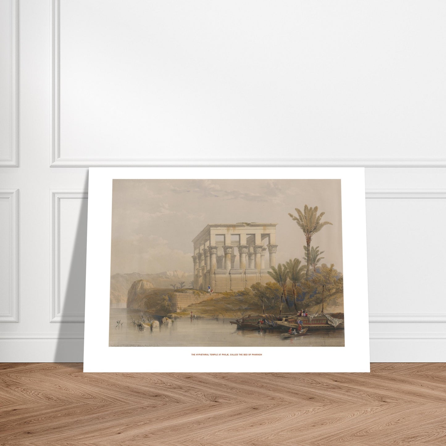 Gravure ancienne : Le temple hypaethre à Philæ - David Roberts. Lithographie ancienne du temple hypaethre à Philæ, vu sur une île avec des palmiers et des bateaux sur le Nil. Image d'illustration 6