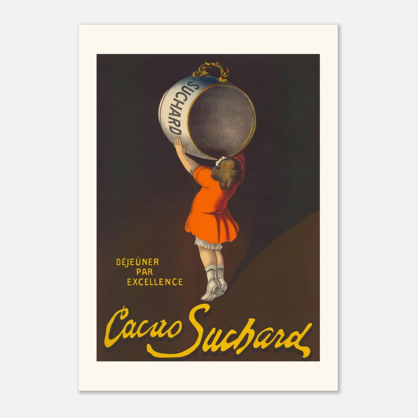 Affiche ancienne Cacao Suchard par Leonetto Cappiello (A0 (84.1 x 118.9  cm)). Planche publicitaire ancienne pour le Cacao Suchard par Leonetto Cappiello, montrant une jeune fille en robe orange tenant une grande tasse de chocolat au-dessus de sa tête.