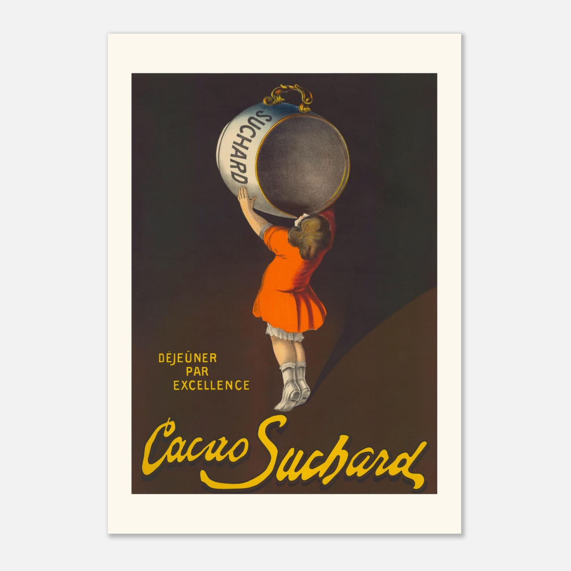Affiche ancienne Cacao Suchard par Leonetto Cappiello (A1 (59.4 x 84.1  cm)). Planche publicitaire ancienne pour le Cacao Suchard par Leonetto Cappiello, montrant une jeune fille en robe orange tenant une grande tasse de chocolat au-dessus de sa tête.