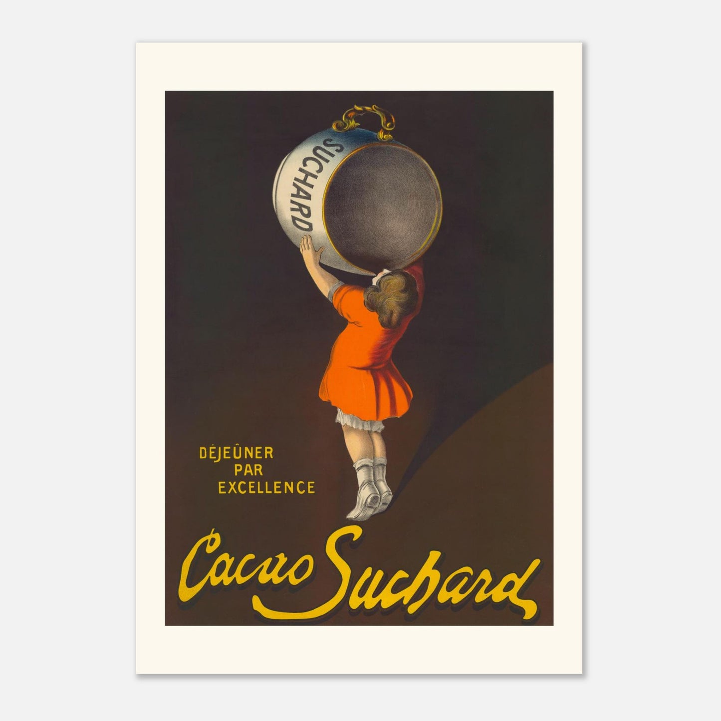 Affiche ancienne Cacao Suchard par Leonetto Cappiello (A2 (42 x 59.4  cm)). Planche publicitaire ancienne pour le Cacao Suchard par Leonetto Cappiello, montrant une jeune fille en robe orange tenant une grande tasse de chocolat au-dessus de sa tête.