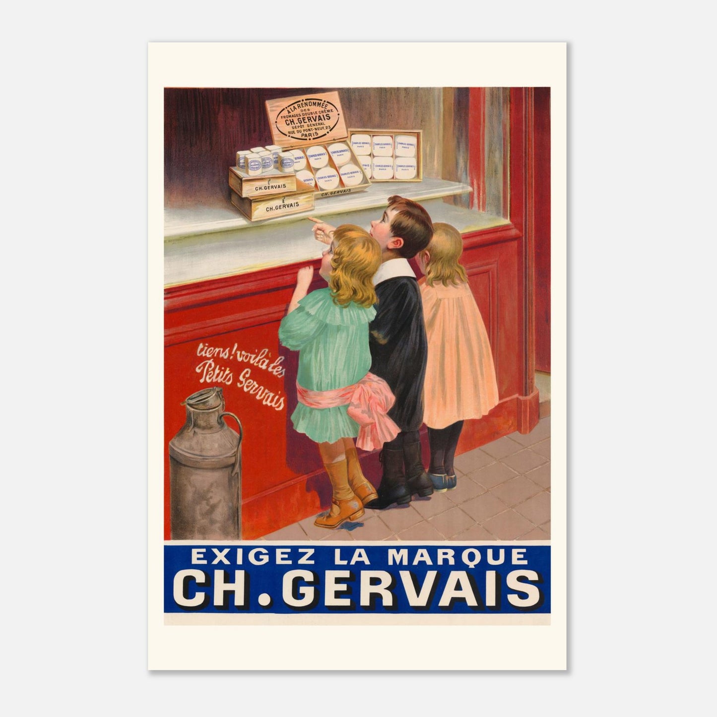 Affiche ancienne Petits Gervais - Illustration Ch. Gervais (1900) (30x45 cm / 12x18″). Affiche publicitaire vintage pour CH. Gervais, montrant trois enfants regardant une vitrine remplie de petits pots de fromage.