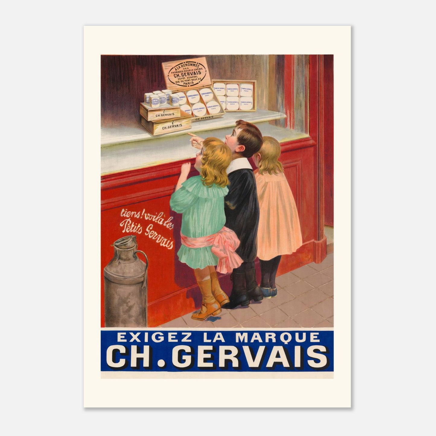 Affiche ancienne Petits Gervais - Illustration Ch. Gervais (1900) (70x100 cm / 28x40″). Affiche publicitaire vintage pour CH. Gervais, montrant trois enfants regardant une vitrine remplie de petits pots de fromage.