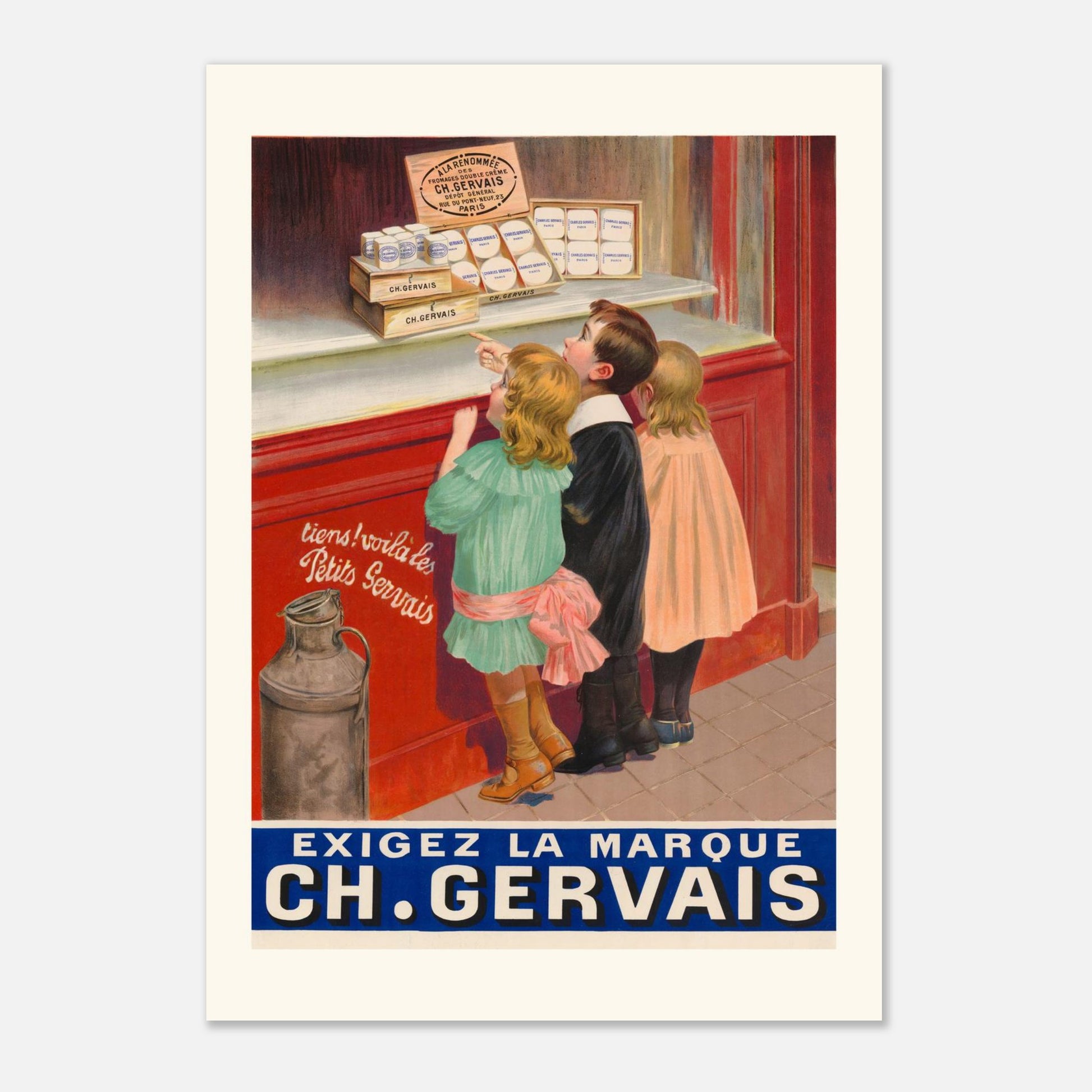 Affiche ancienne Petits Gervais - Illustration Ch. Gervais (1900) (A1 (59.4 x 84.1  cm)). Affiche publicitaire vintage pour CH. Gervais, montrant trois enfants regardant une vitrine remplie de petits pots de fromage.