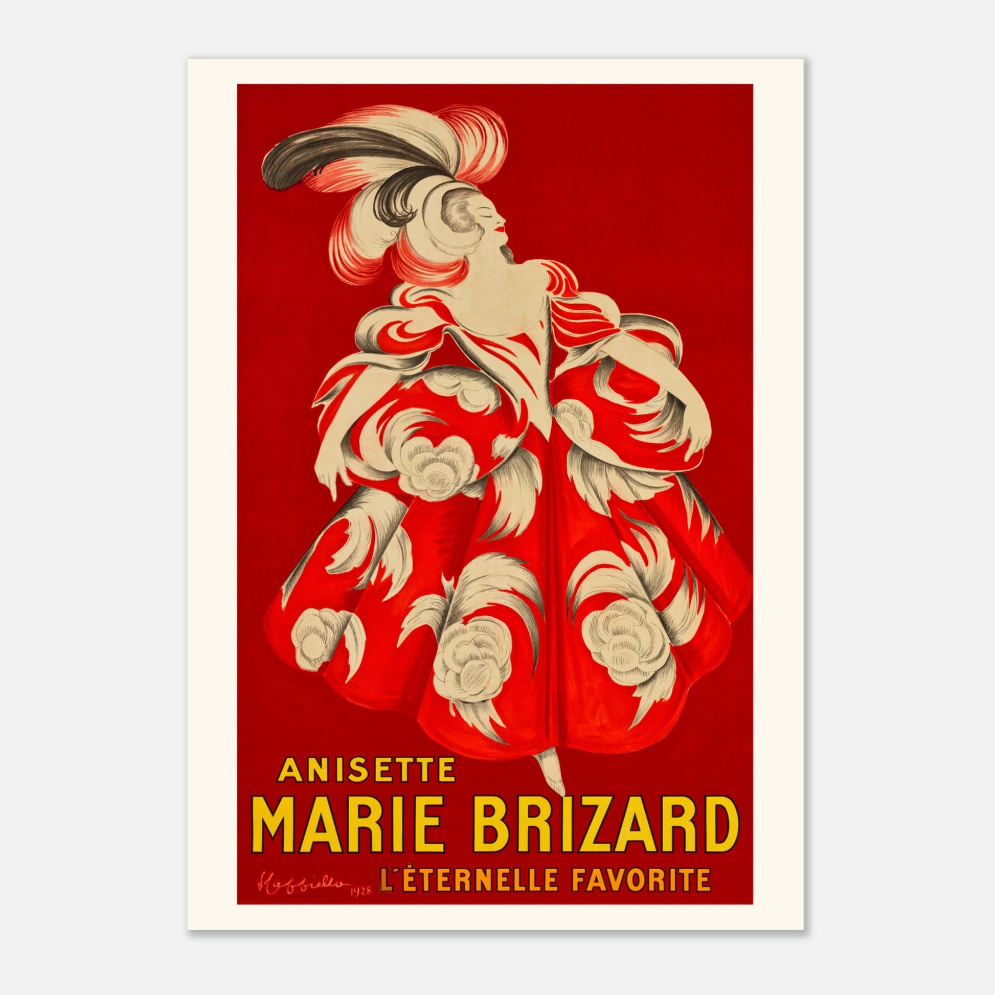 Planche publicitaire Anisette Marie Brizard par Leonetto Cappiello, 1928 (29,7x42 cm (A3)). Une affiche publicitaire rétro pour l'anisette Marie Brizard, montrant une femme dans une robe ornée de volants et de motifs floraux rouges et blancs.