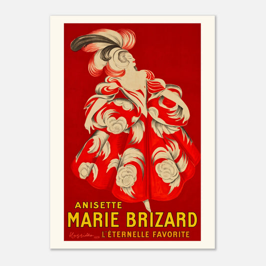Planche publicitaire Anisette Marie Brizard par Leonetto Cappiello, 1928 (42x59,4 cm (A2)). Une affiche publicitaire rétro pour l'anisette Marie Brizard, montrant une femme dans une robe ornée de volants et de motifs floraux rouges et blancs.
