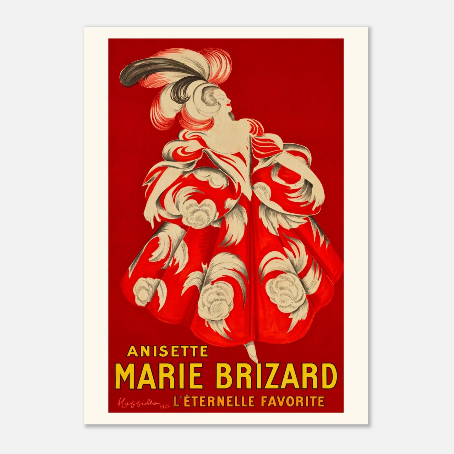 Planche publicitaire Anisette Marie Brizard par Leonetto Cappiello, 1928 (50x70 cm). Une affiche publicitaire rétro pour l'anisette Marie Brizard, montrant une femme dans une robe ornée de volants et de motifs floraux rouges et blancs.
