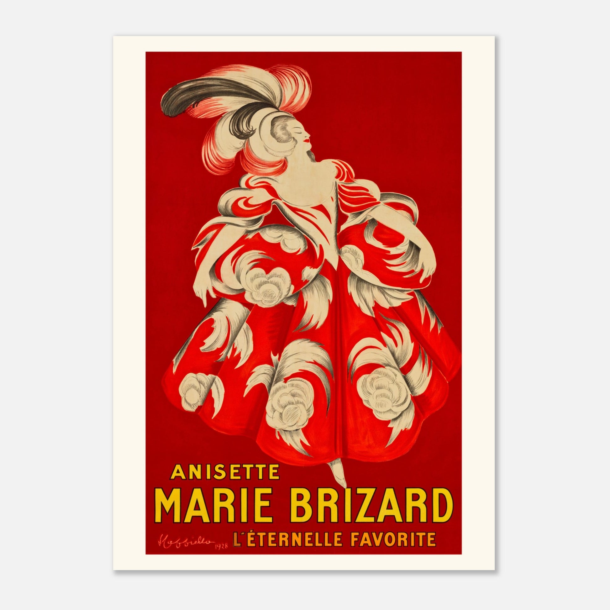 Planche publicitaire Anisette Marie Brizard par Leonetto Cappiello, 1928 (50x70 cm). Une affiche publicitaire rétro pour l'anisette Marie Brizard, montrant une femme dans une robe ornée de volants et de motifs floraux rouges et blancs.