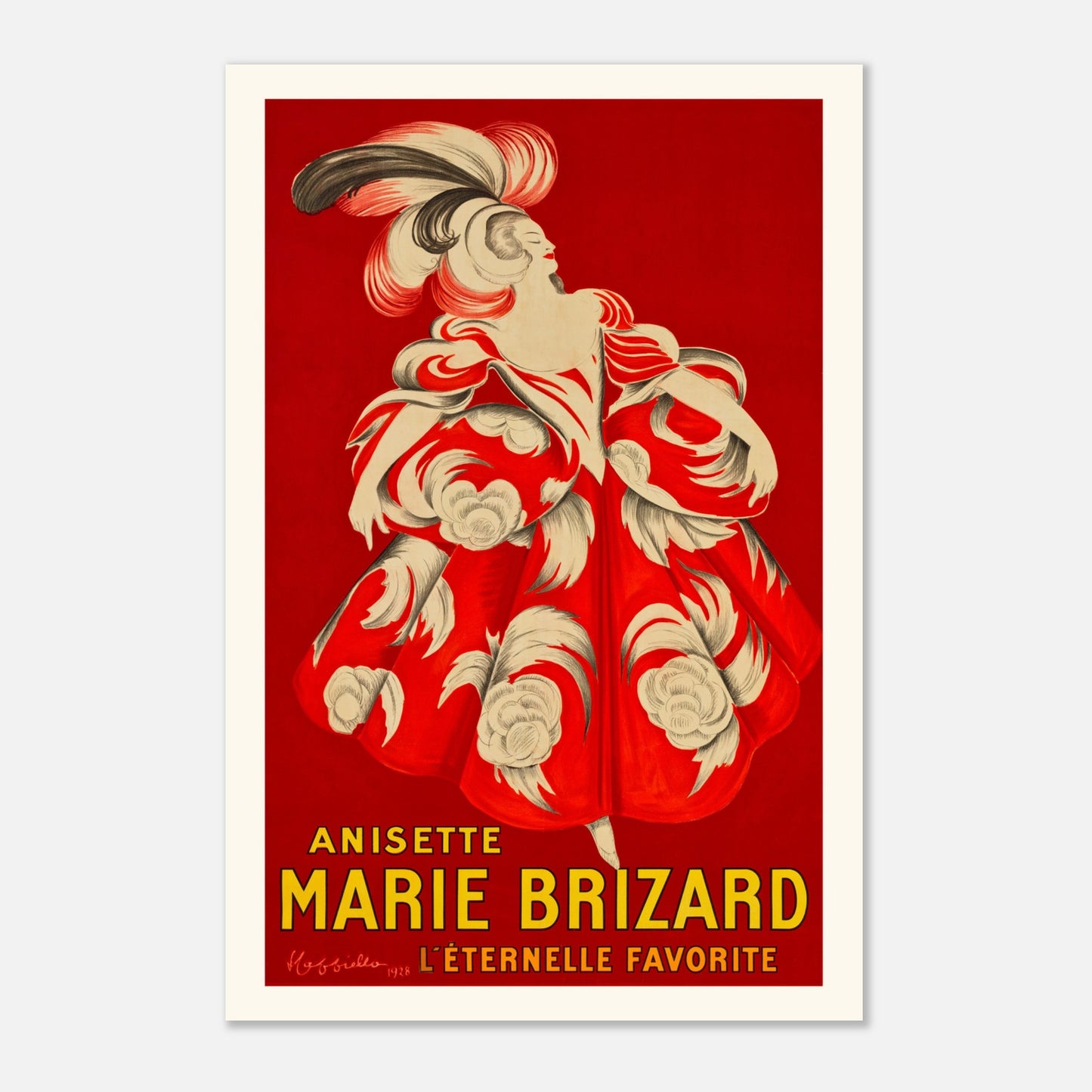 Planche publicitaire Anisette Marie Brizard par Leonetto Cappiello, 1928 (60x90 cm). Une affiche publicitaire rétro pour l'anisette Marie Brizard, montrant une femme dans une robe ornée de volants et de motifs floraux rouges et blancs.