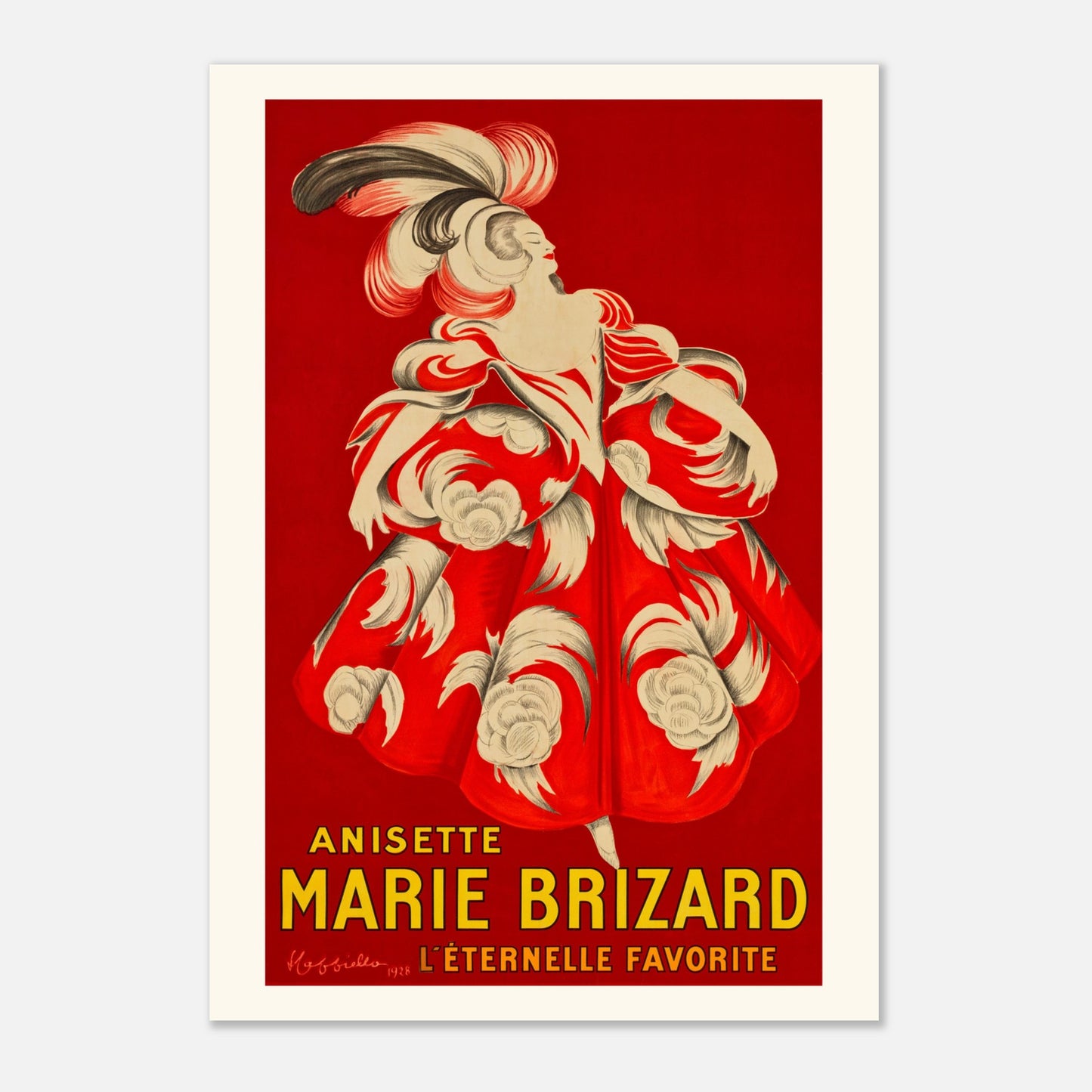 Planche publicitaire Anisette Marie Brizard par Leonetto Cappiello, 1928 (70x100 cm). Une affiche publicitaire rétro pour l'anisette Marie Brizard, montrant une femme dans une robe ornée de volants et de motifs floraux rouges et blancs.