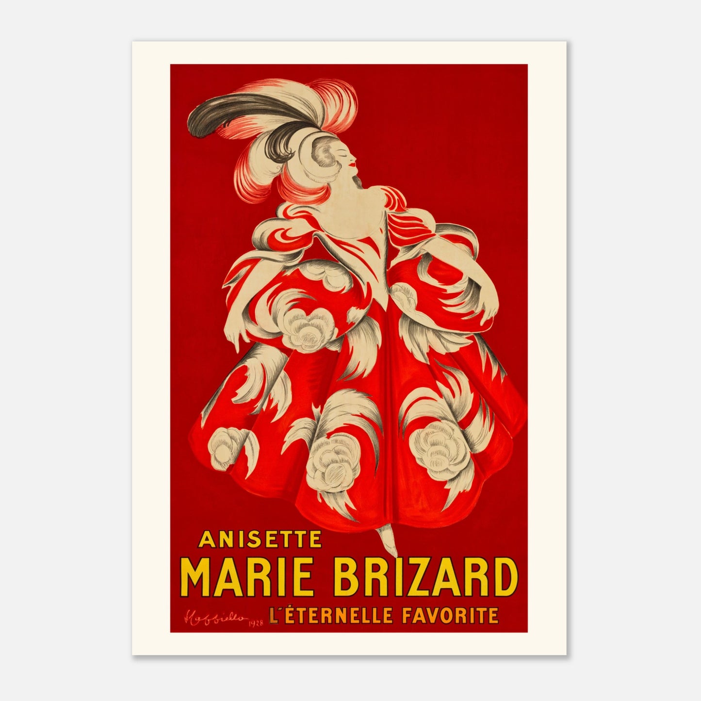 Planche publicitaire Anisette Marie Brizard par Leonetto Cappiello, 1928 (84,1x118,9 cm (A0)). Une affiche publicitaire rétro pour l'anisette Marie Brizard, montrant une femme dans une robe ornée de volants et de motifs floraux rouges et blancs.