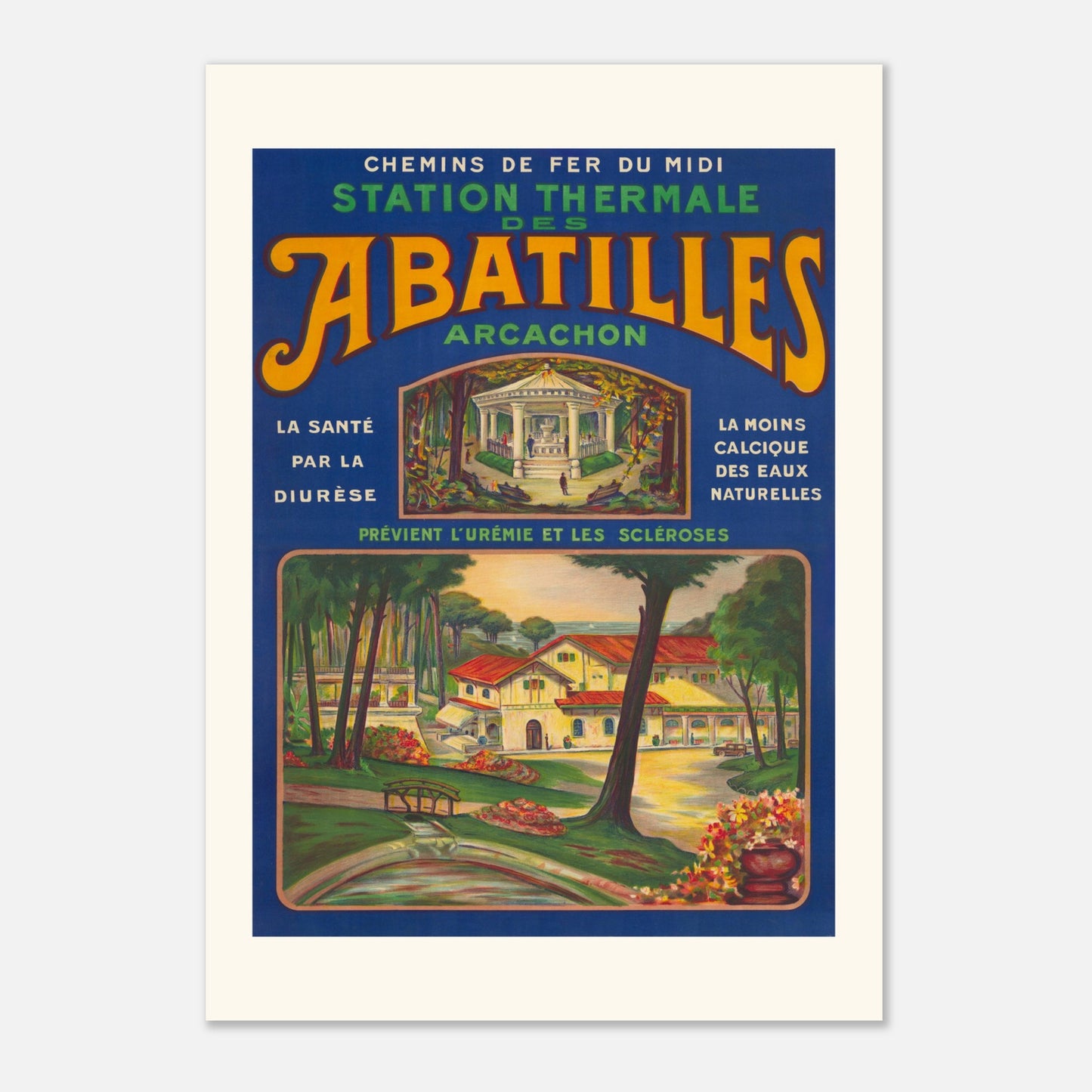 Station thermale des Abatilles Arcachon – Affiche ancienne (84,1x118,9 cm (A0)). Affiche publicitaire vintage pour la Station Thermale des Abatilles à Arcachon, montrant des bâtiments et des jardins.